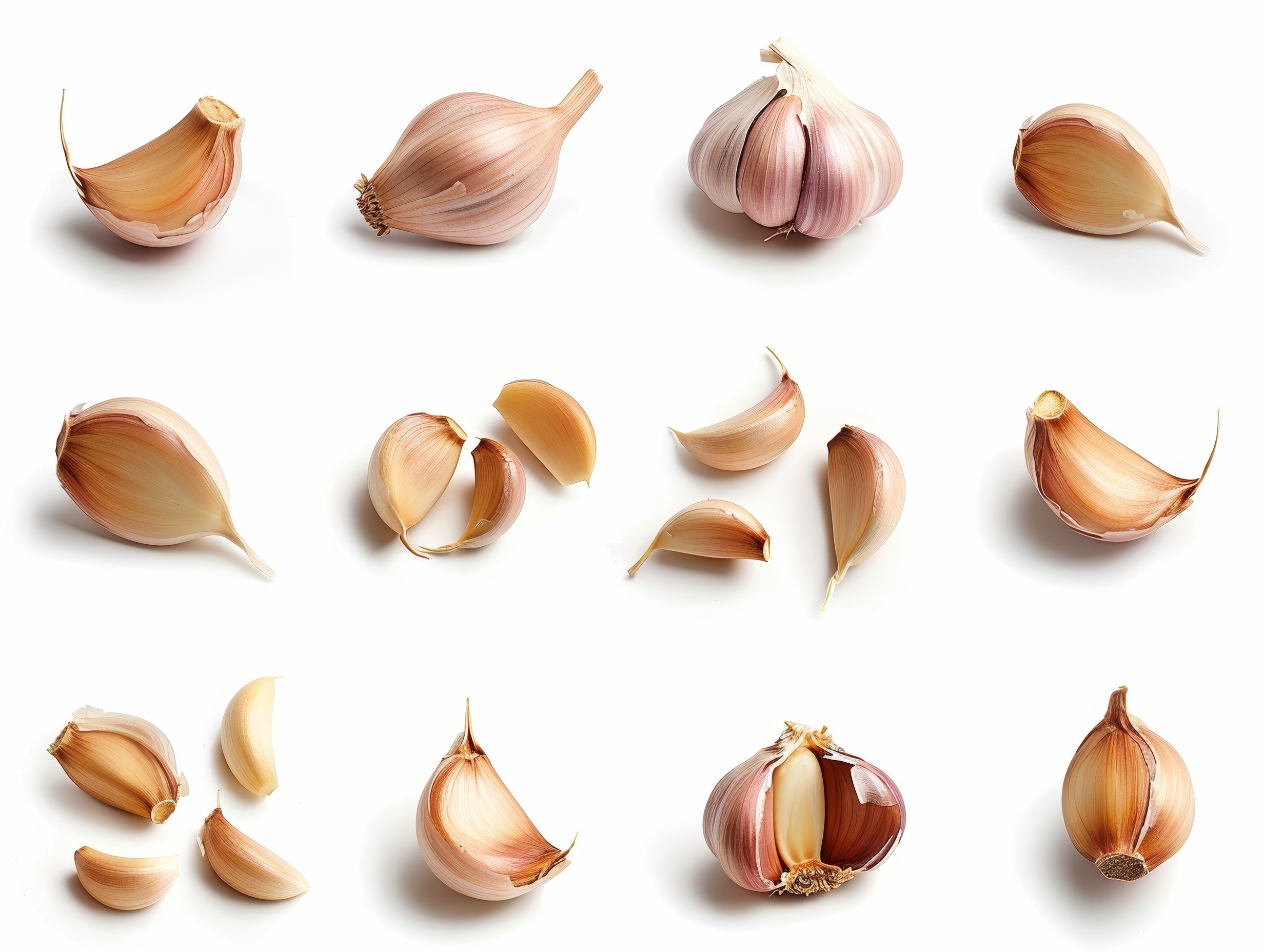 Many fresh garlic cloves on white background