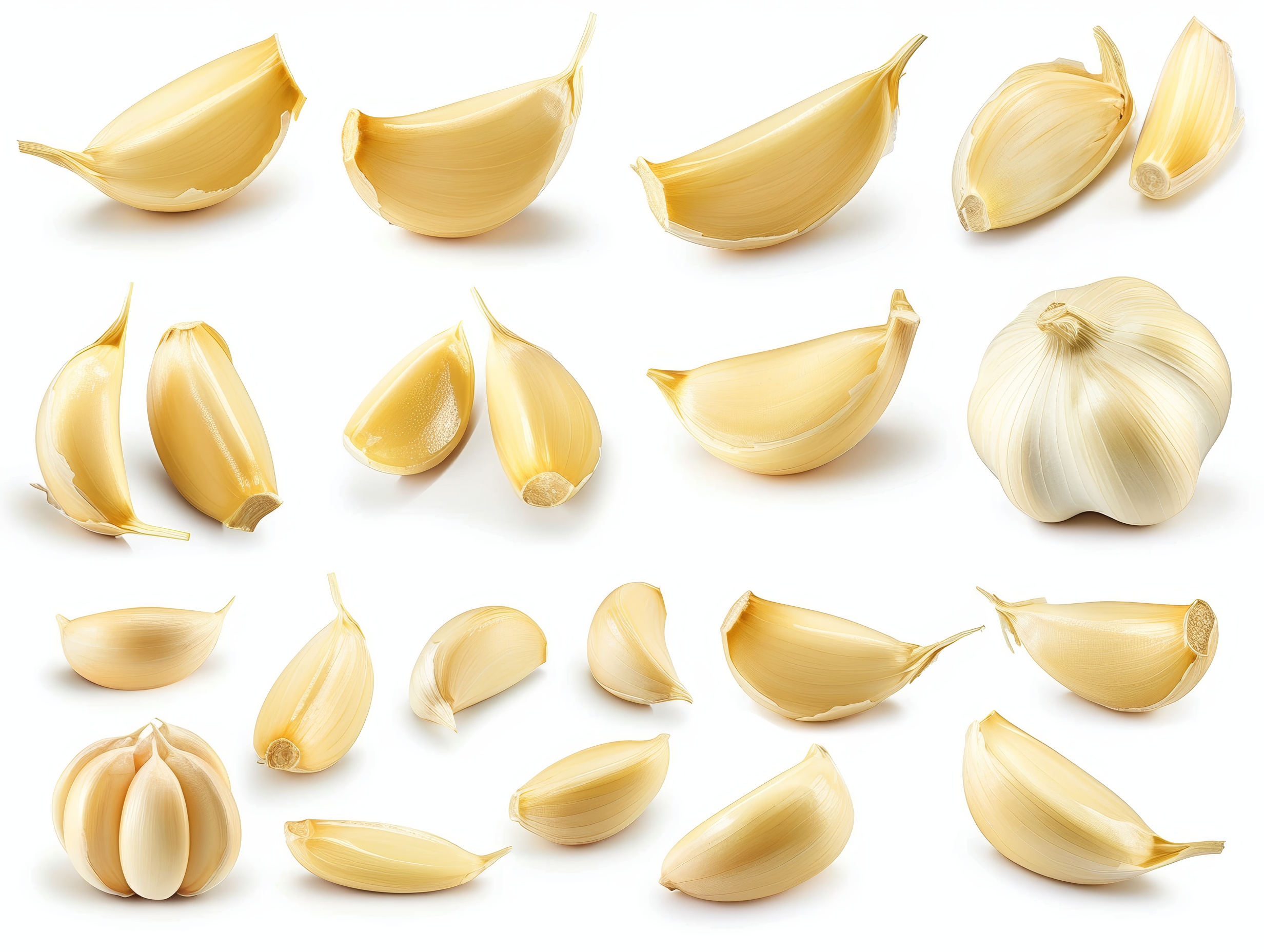 Many fresh garlic cloves on white background