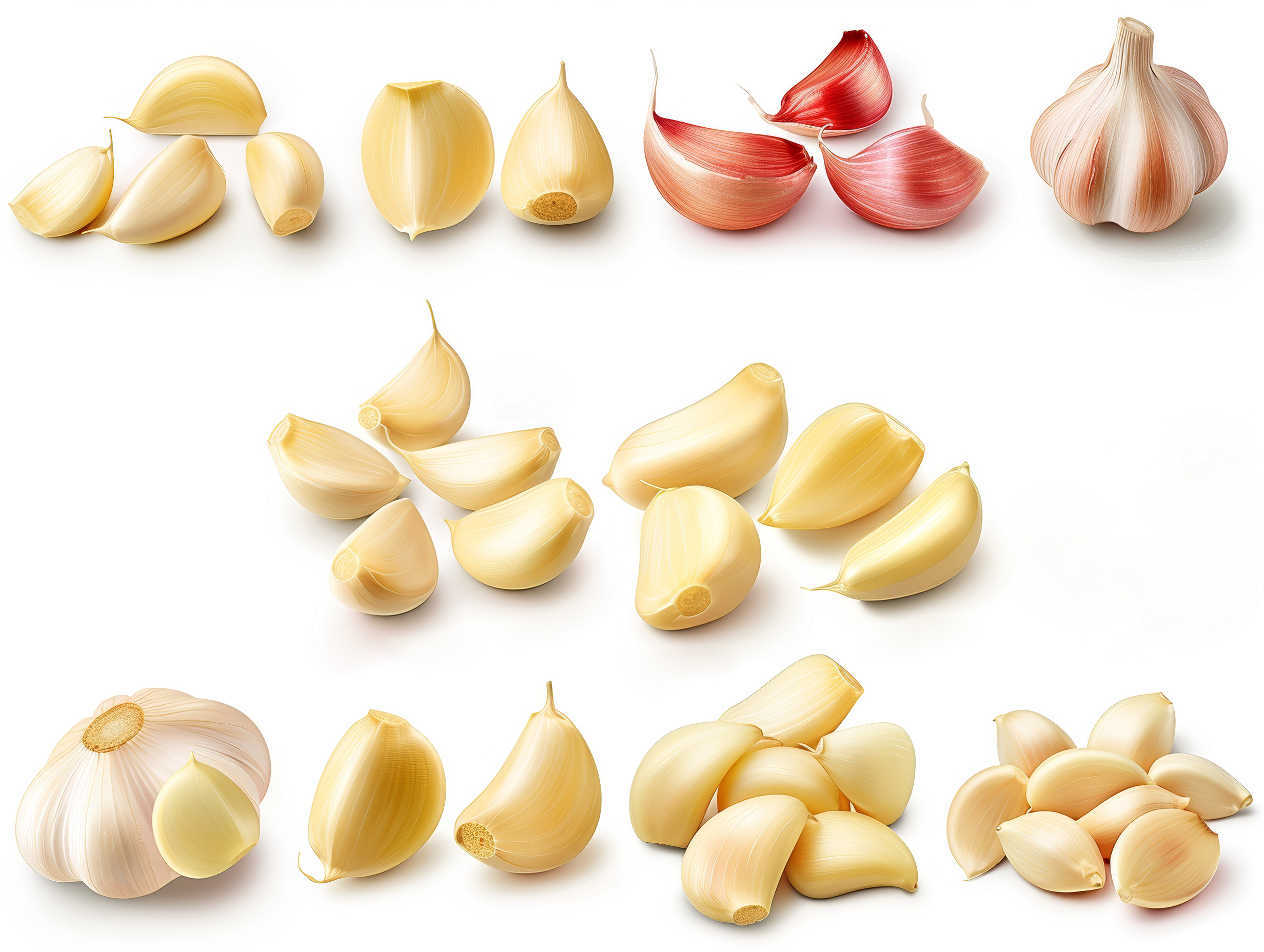 Many fresh garlic cloves on white background