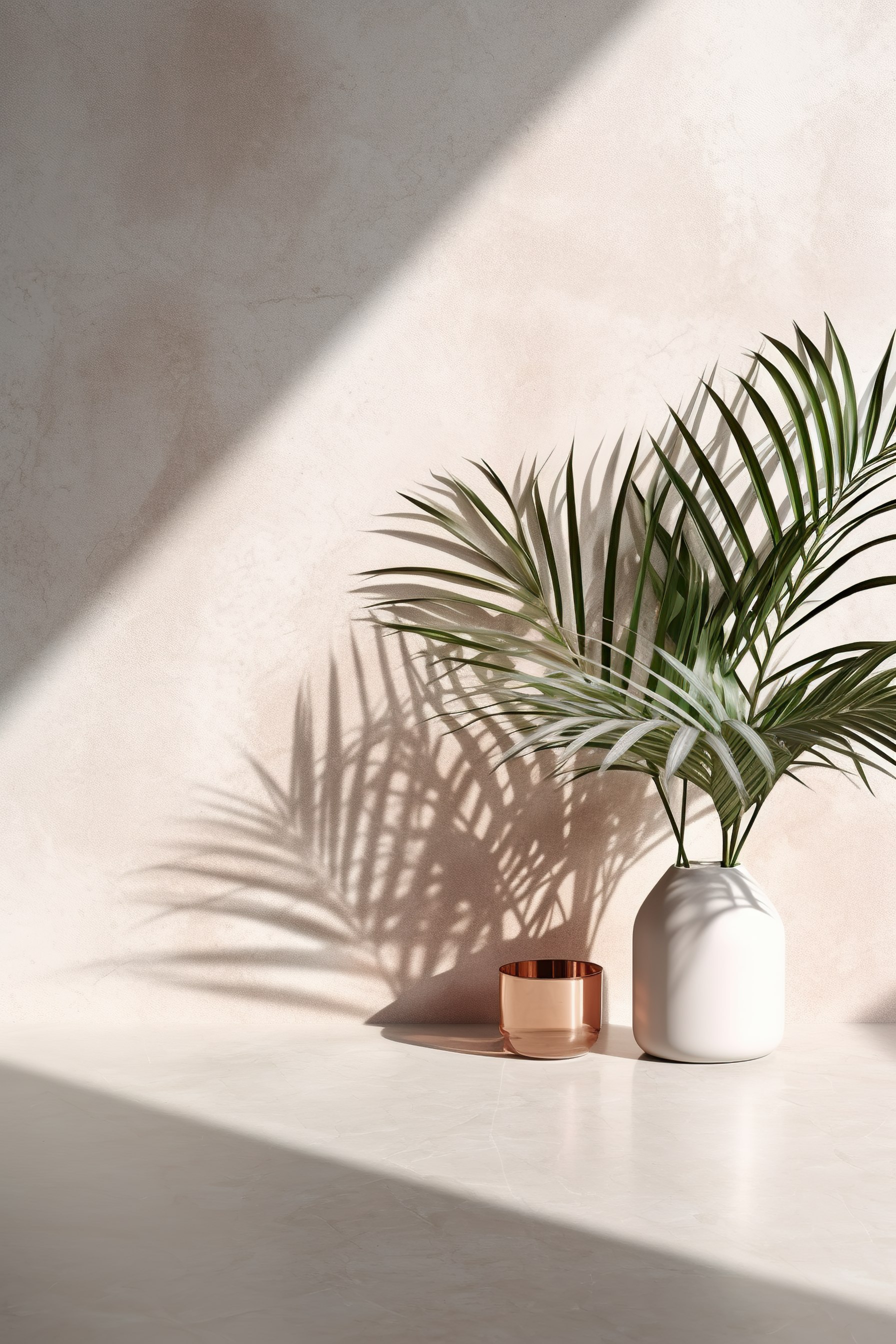 Minimal product placement background with tropical palm in clay pot and shadow on concrete wall