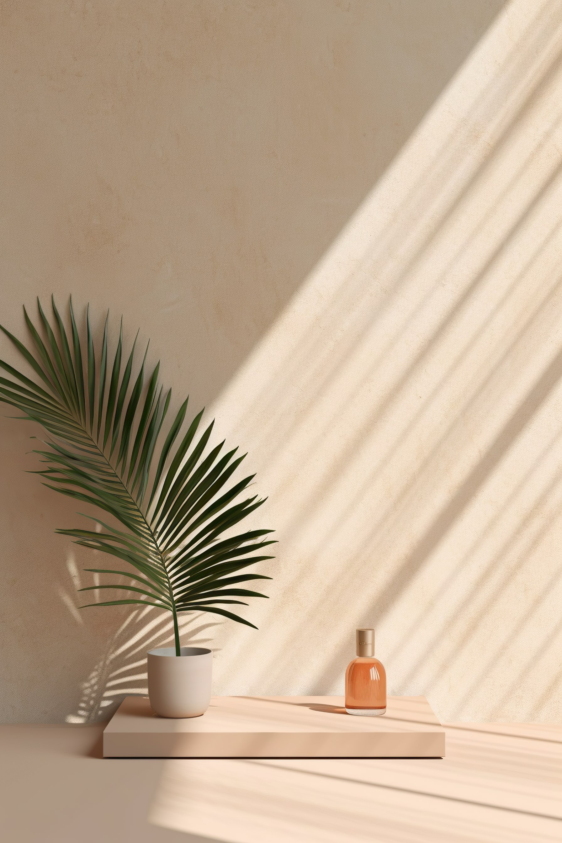 Minimal product placement background with tropical palm in clay pot and shadow on concrete wall