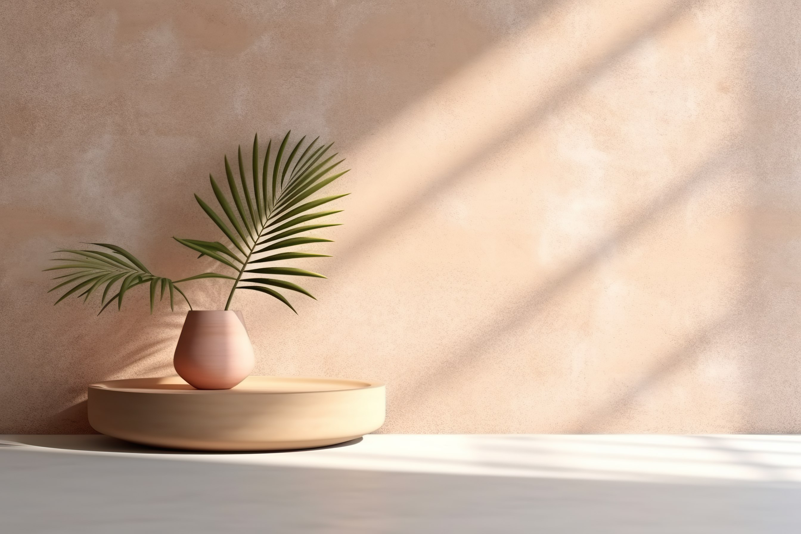 Minimal product placement background with tropical palm in clay pot and shadow on concrete wall