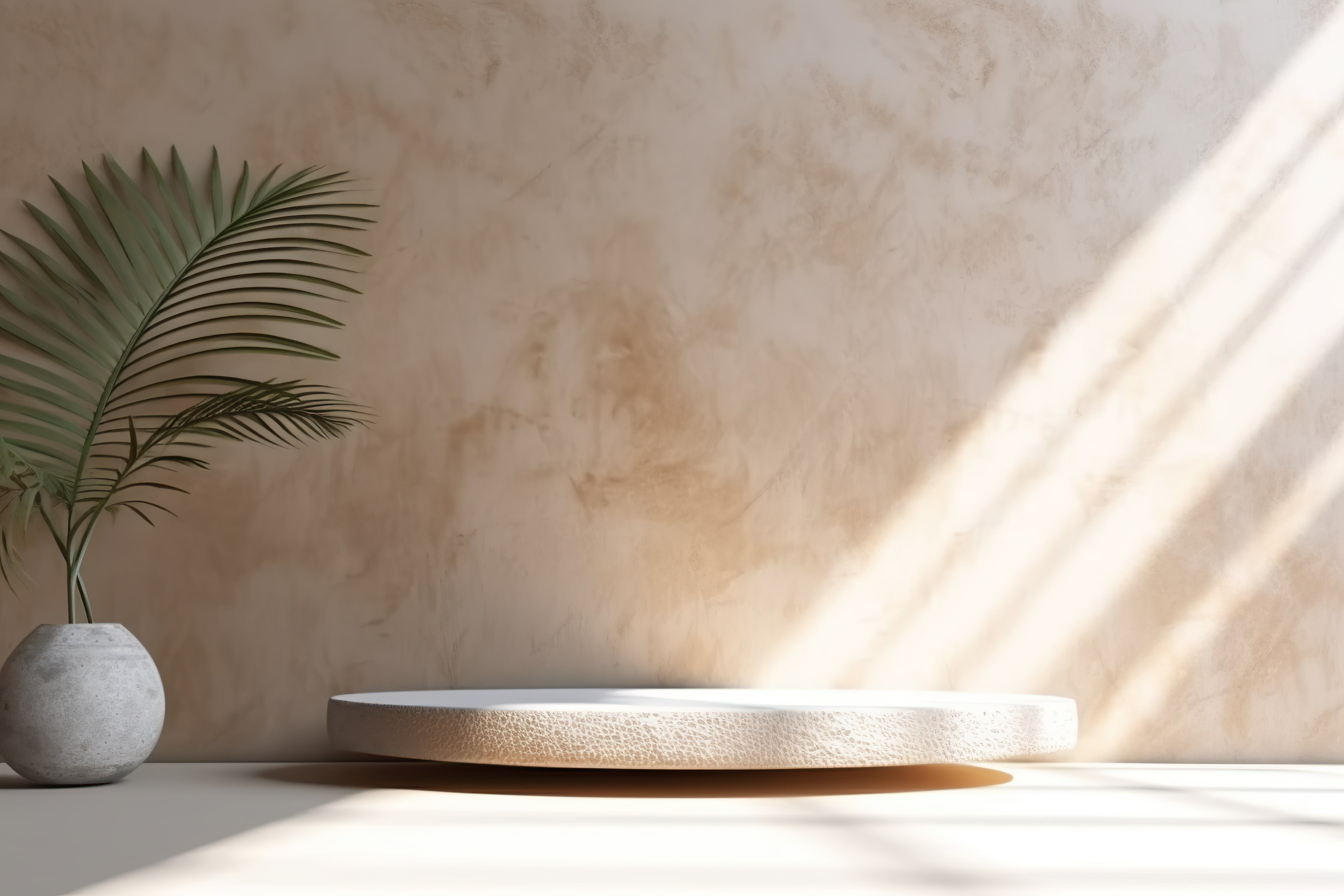 Minimal product placement background with tropical palm in clay pot and shadow on concrete wall