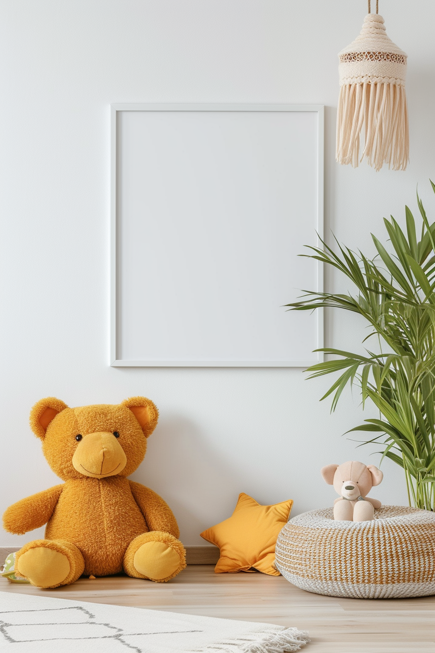 Mock up poster frame in children bedroom, a bright children room with a simple blank wall