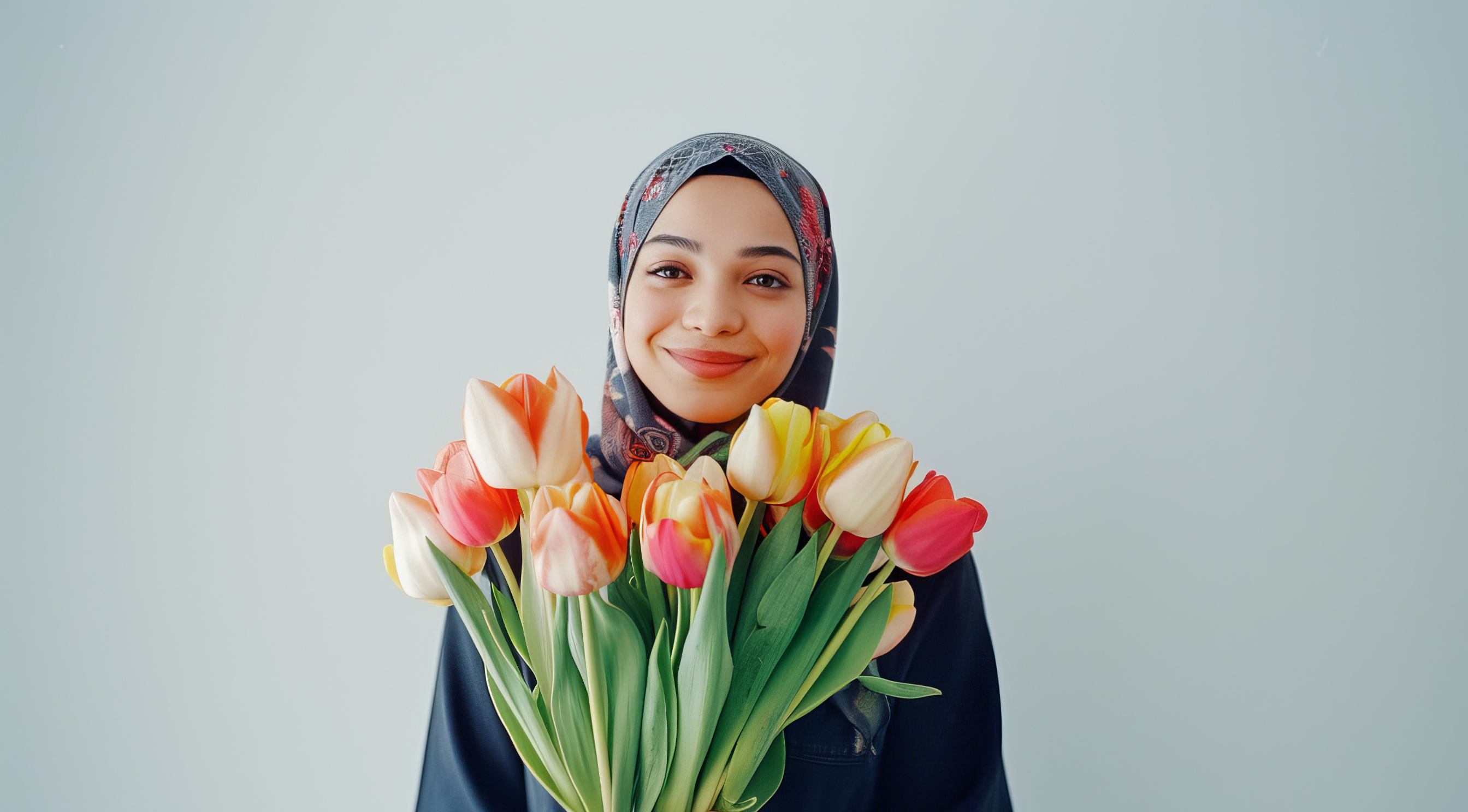 Muslim young women holding a bouquet tulips, Generative AI