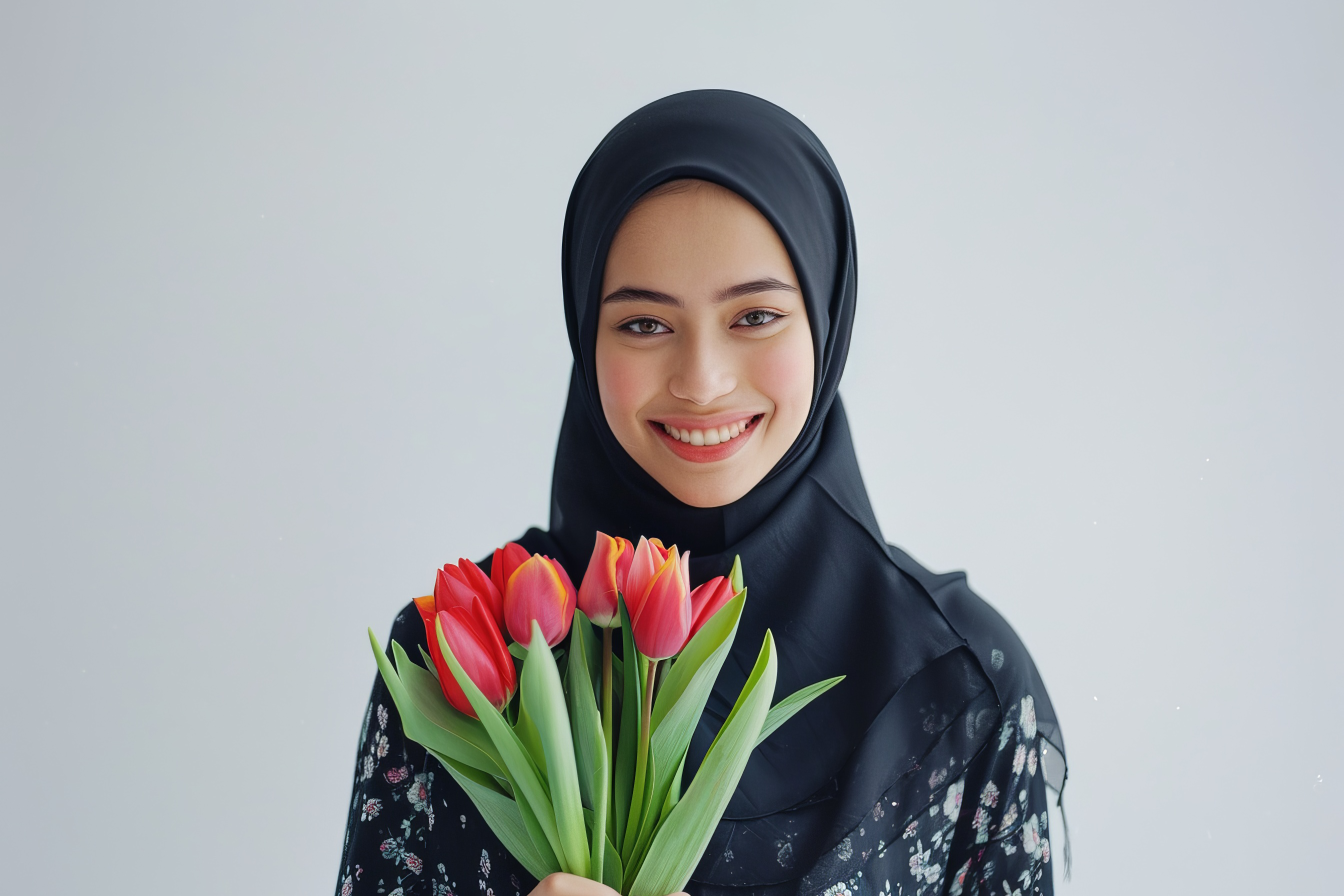 Muslim young women holding a bouquet tulips, Generative AI