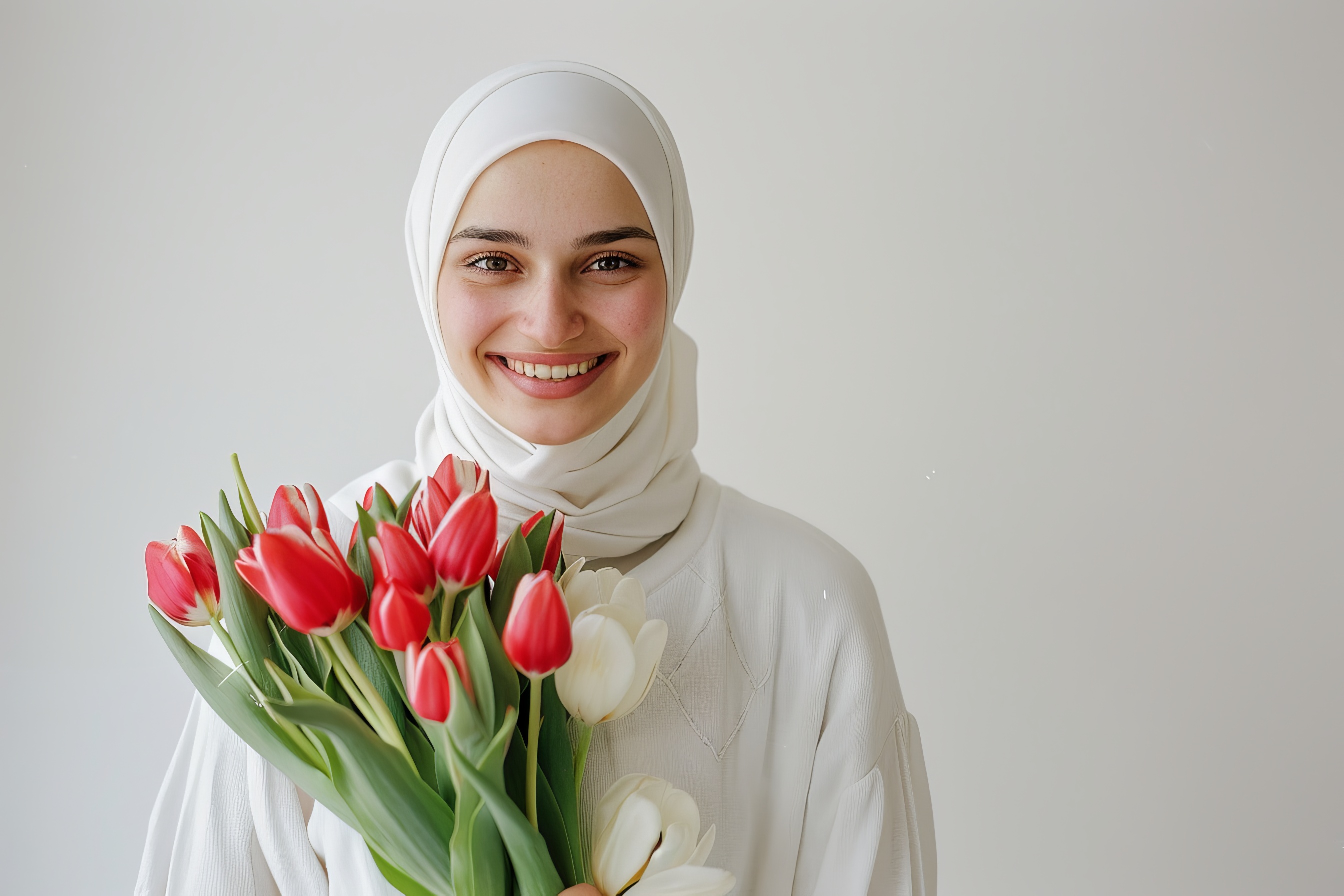 Muslim young women holding a bouquet tulips, Generative AI