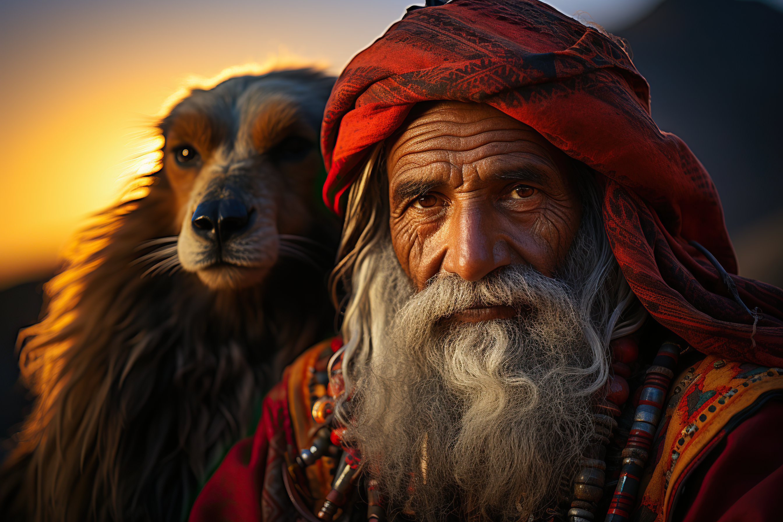 Imperessive shot of an old arab man with his dog