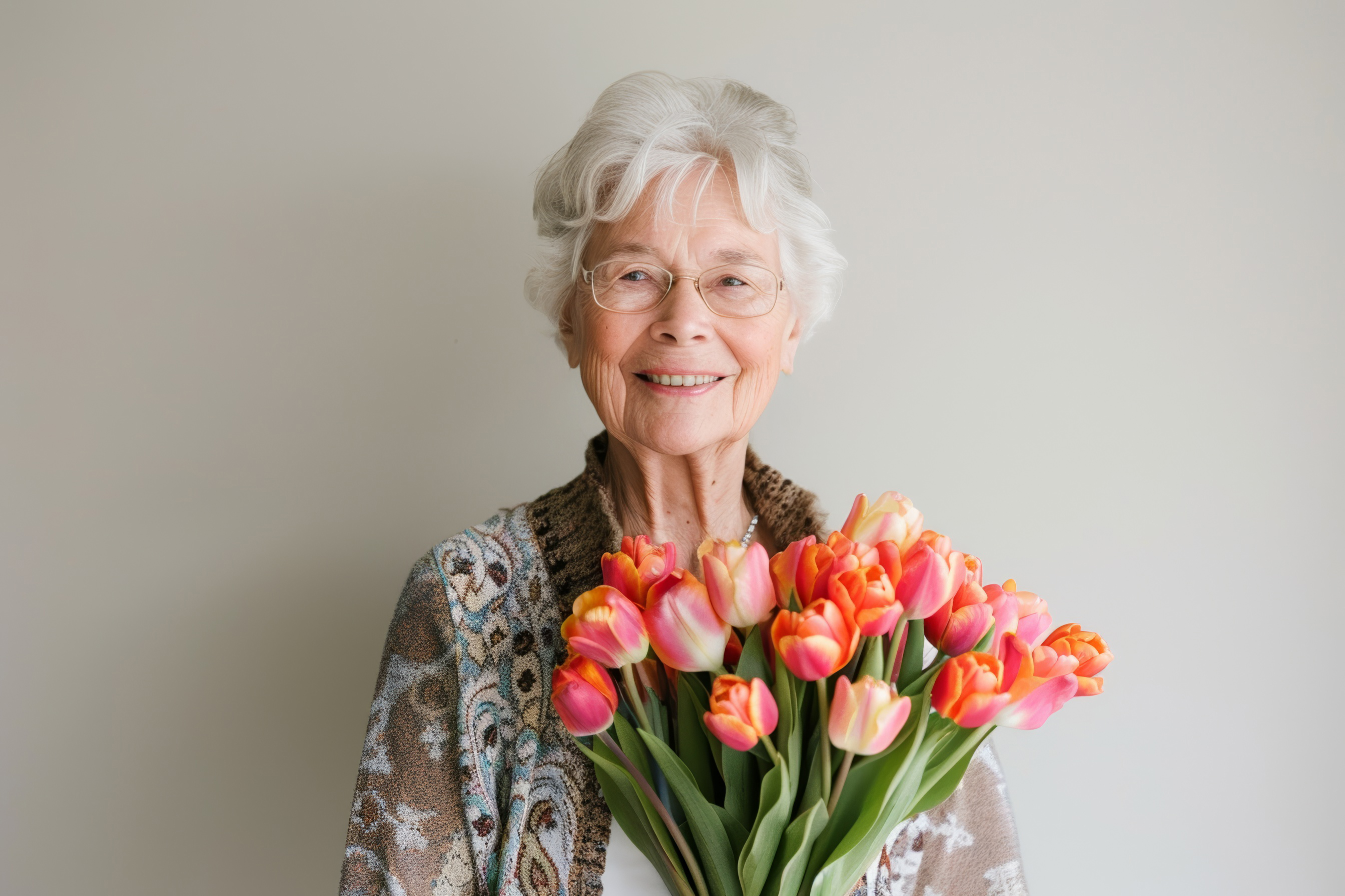 Old lady holding a bouquet tulips, Generative AI