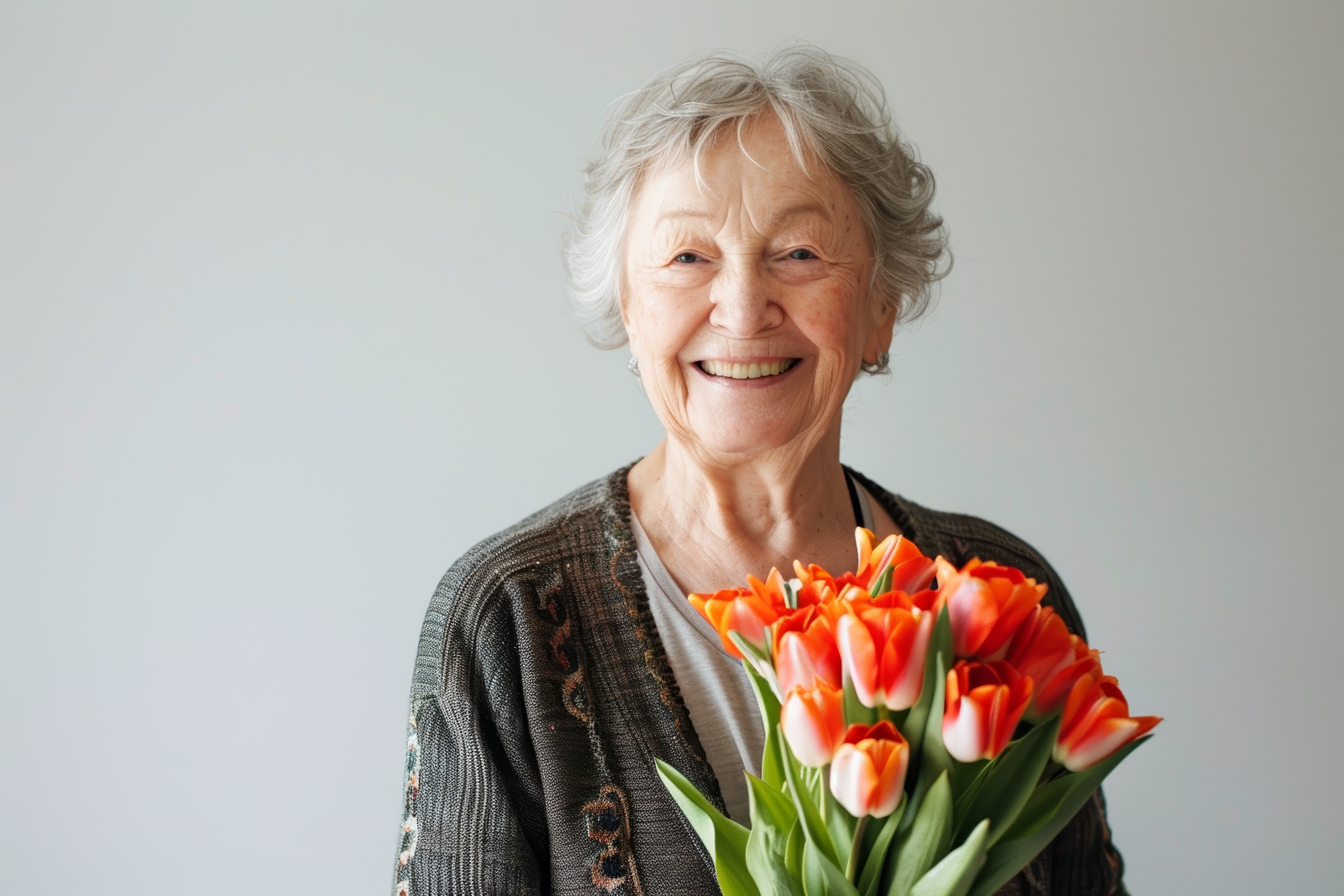 Old lady holding a bouquet tulips, Generative AI