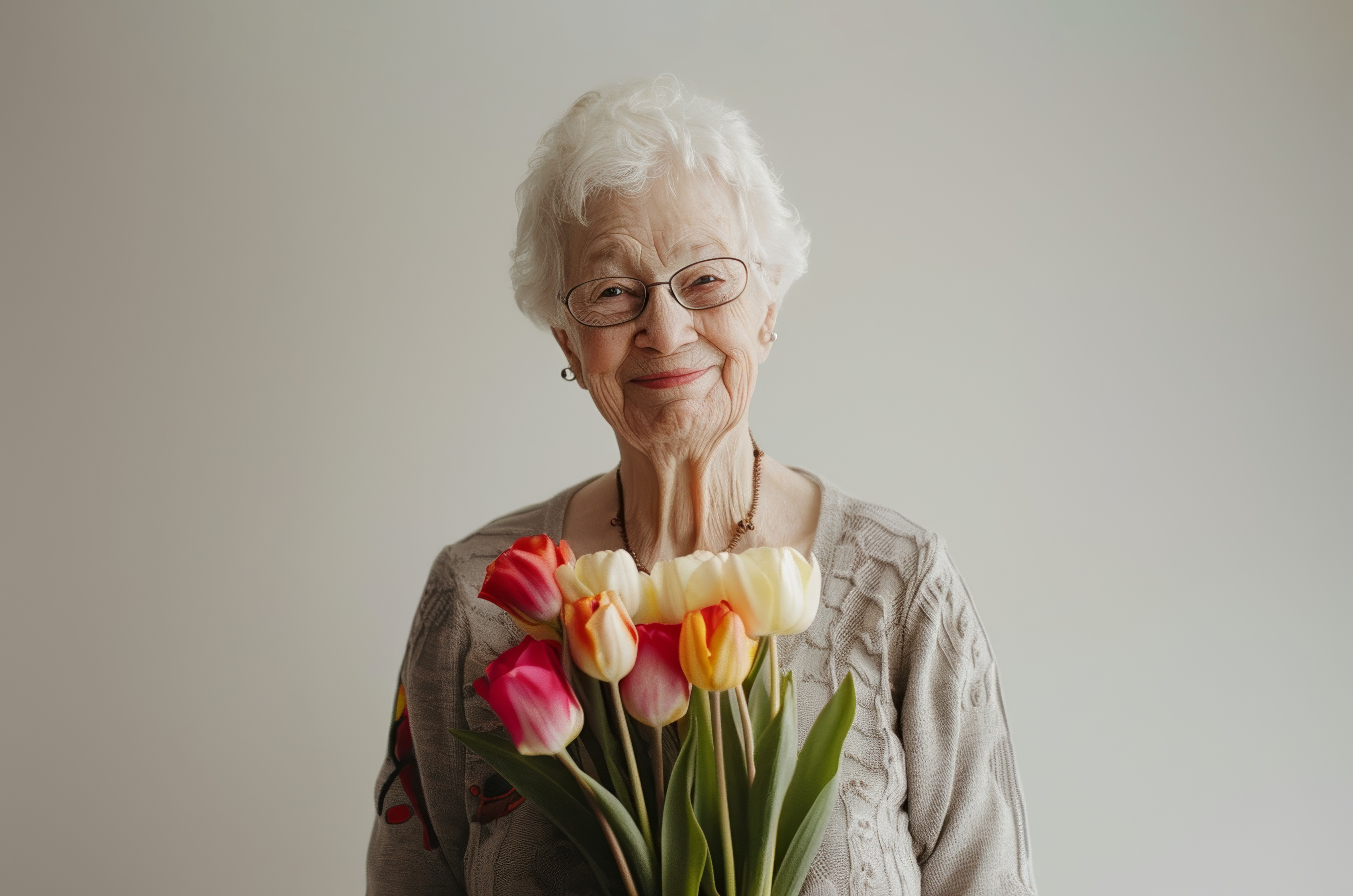 Old lady holding a bouquet tulips, Generative AI