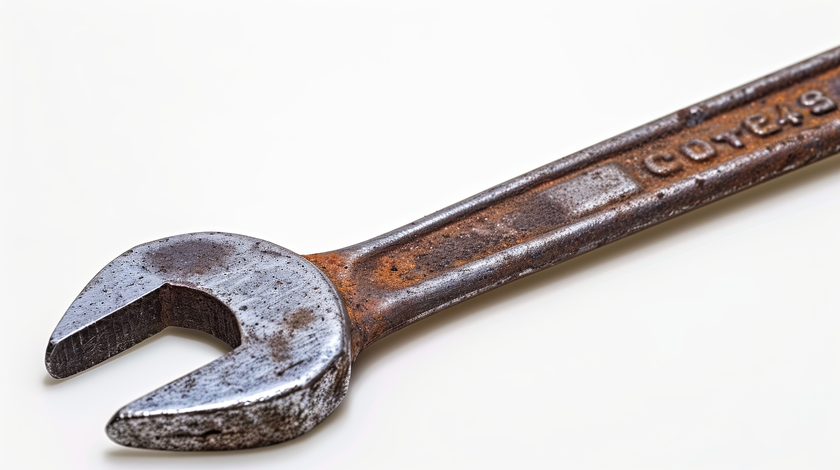 Old rusty wrench on white background