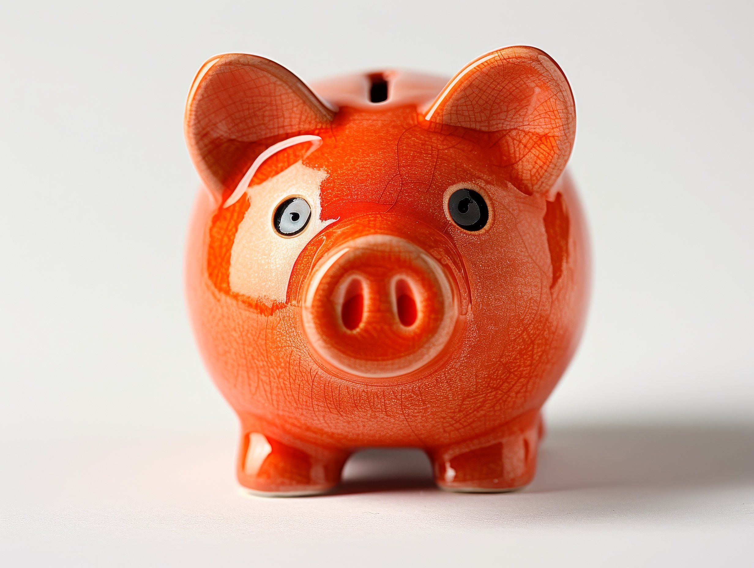 Orange ceramic piggy bank on a white background