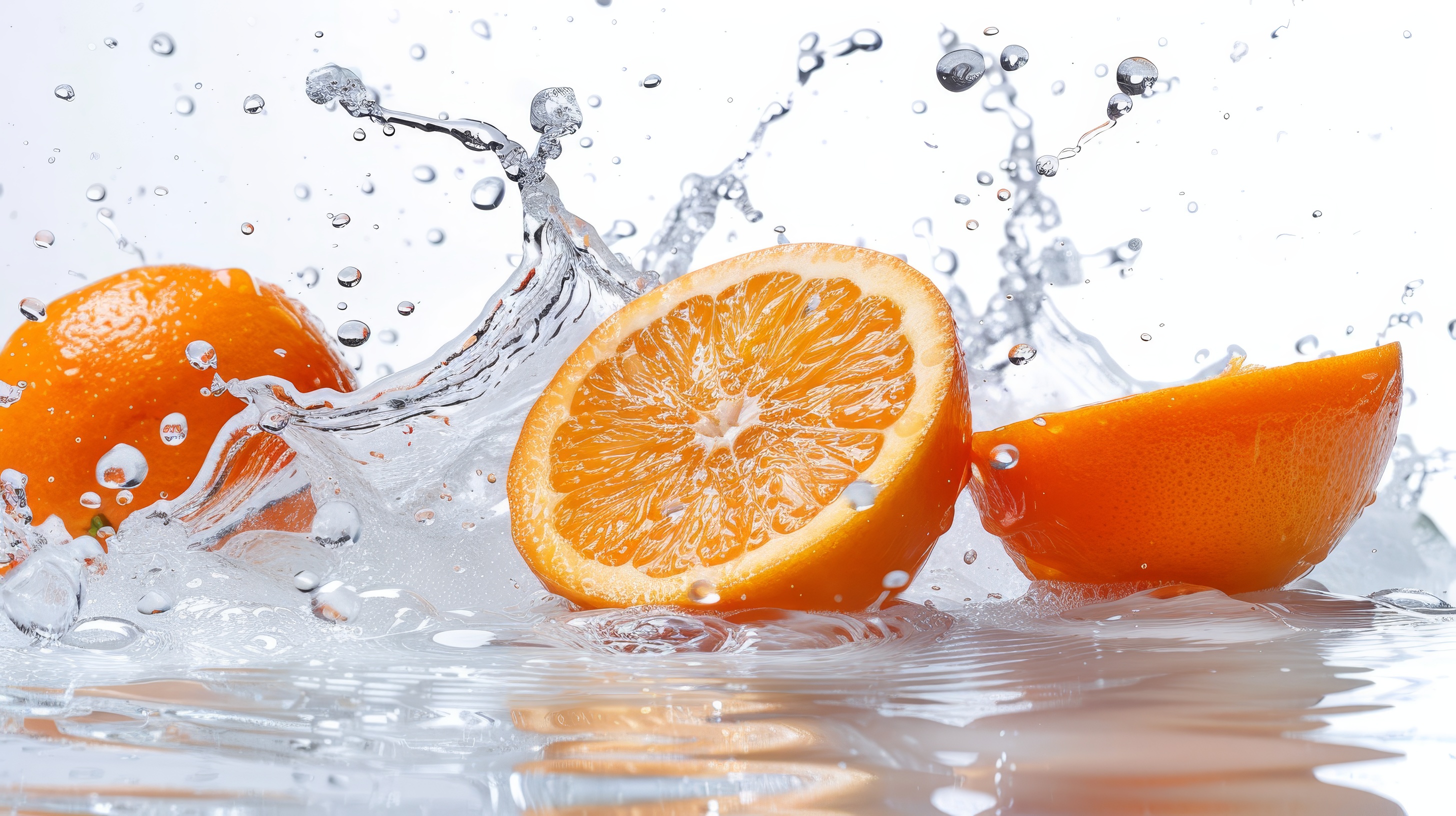 Orange fruit with water splash close up