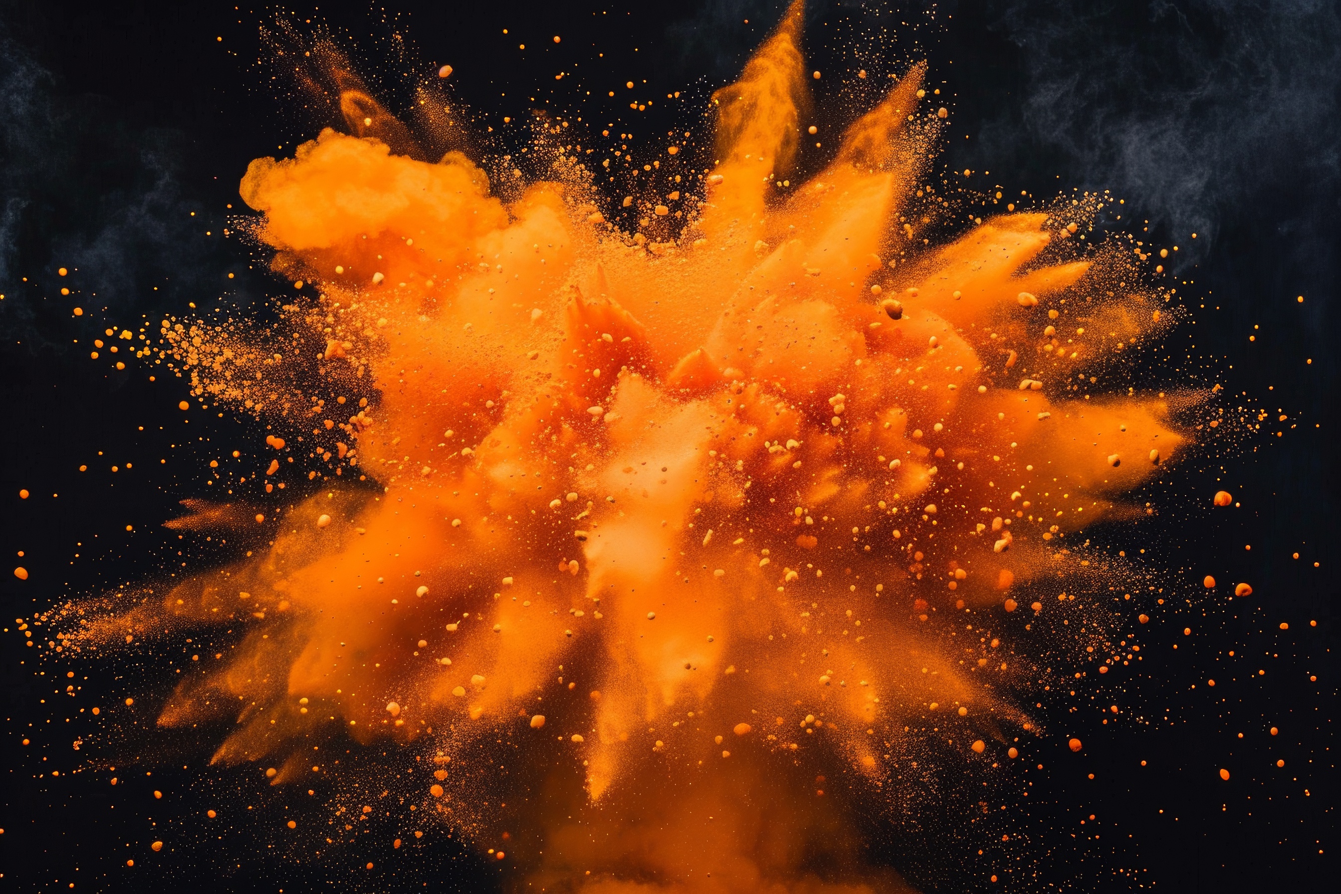 Orange powder explosion on black background