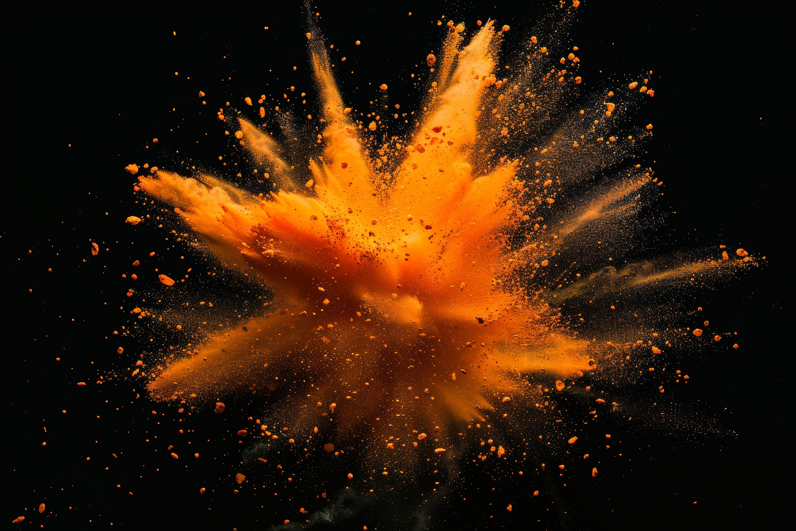 Orange powder explosion on black background