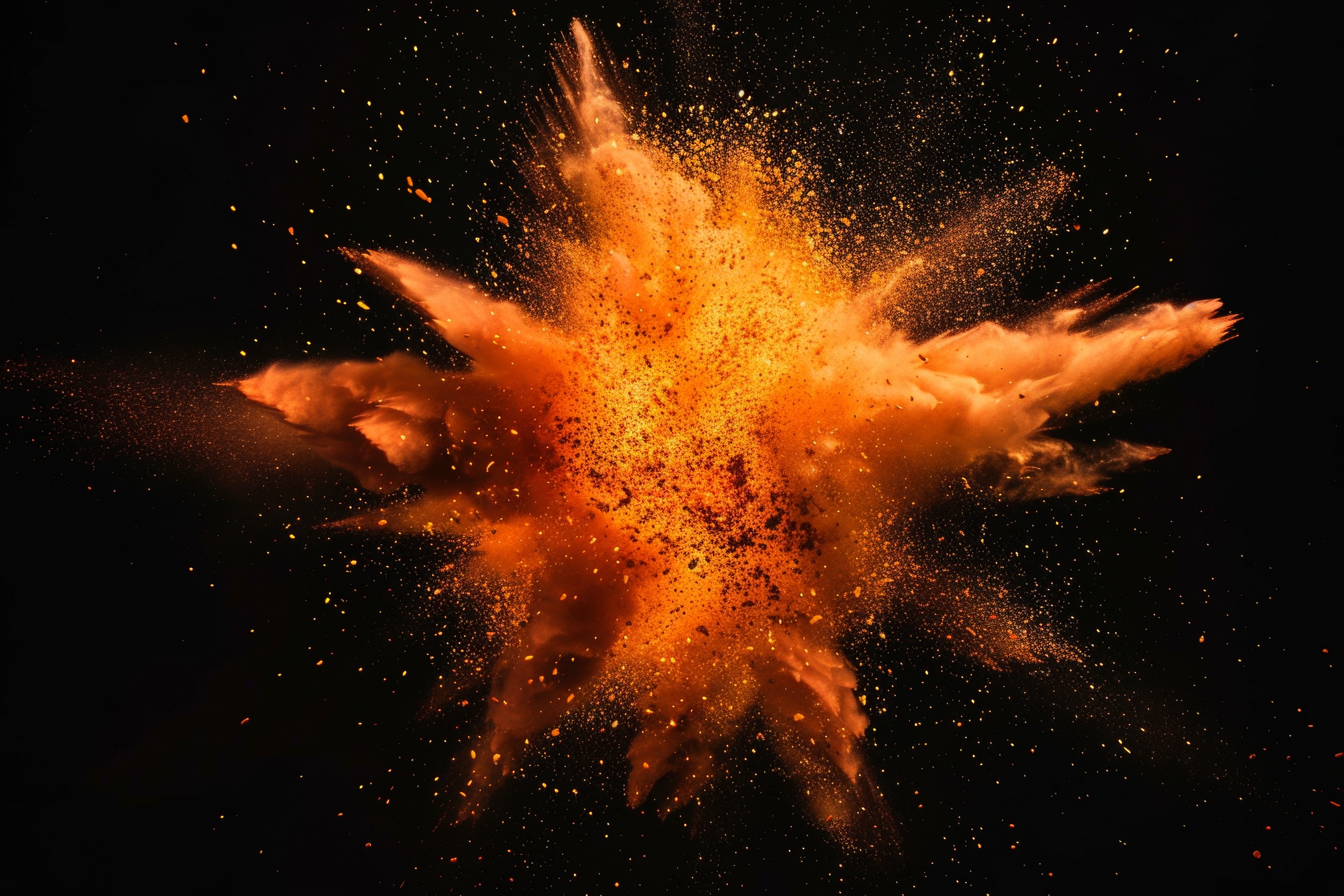 Orange powder explosion on black background