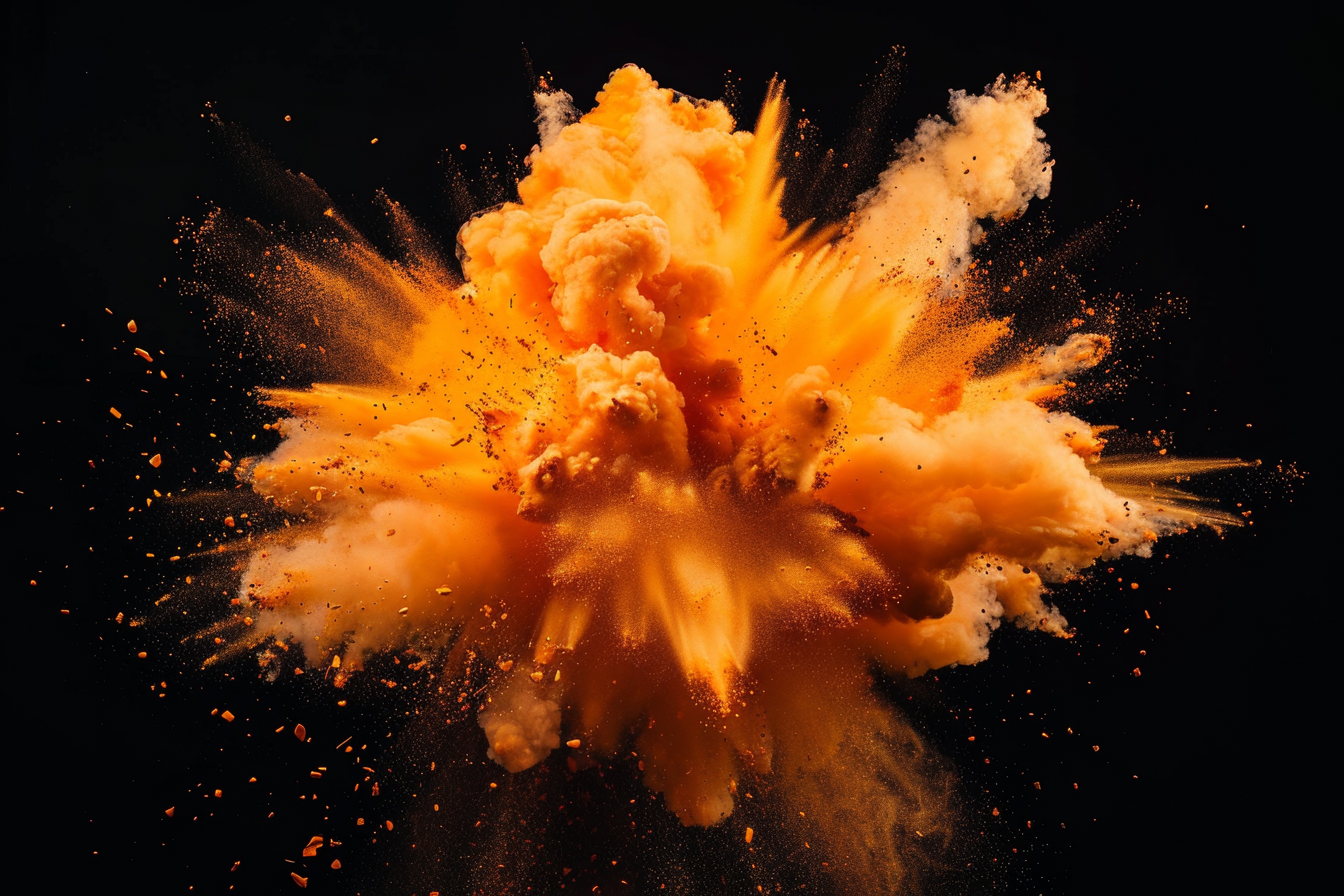 Orange powder explosion on black background