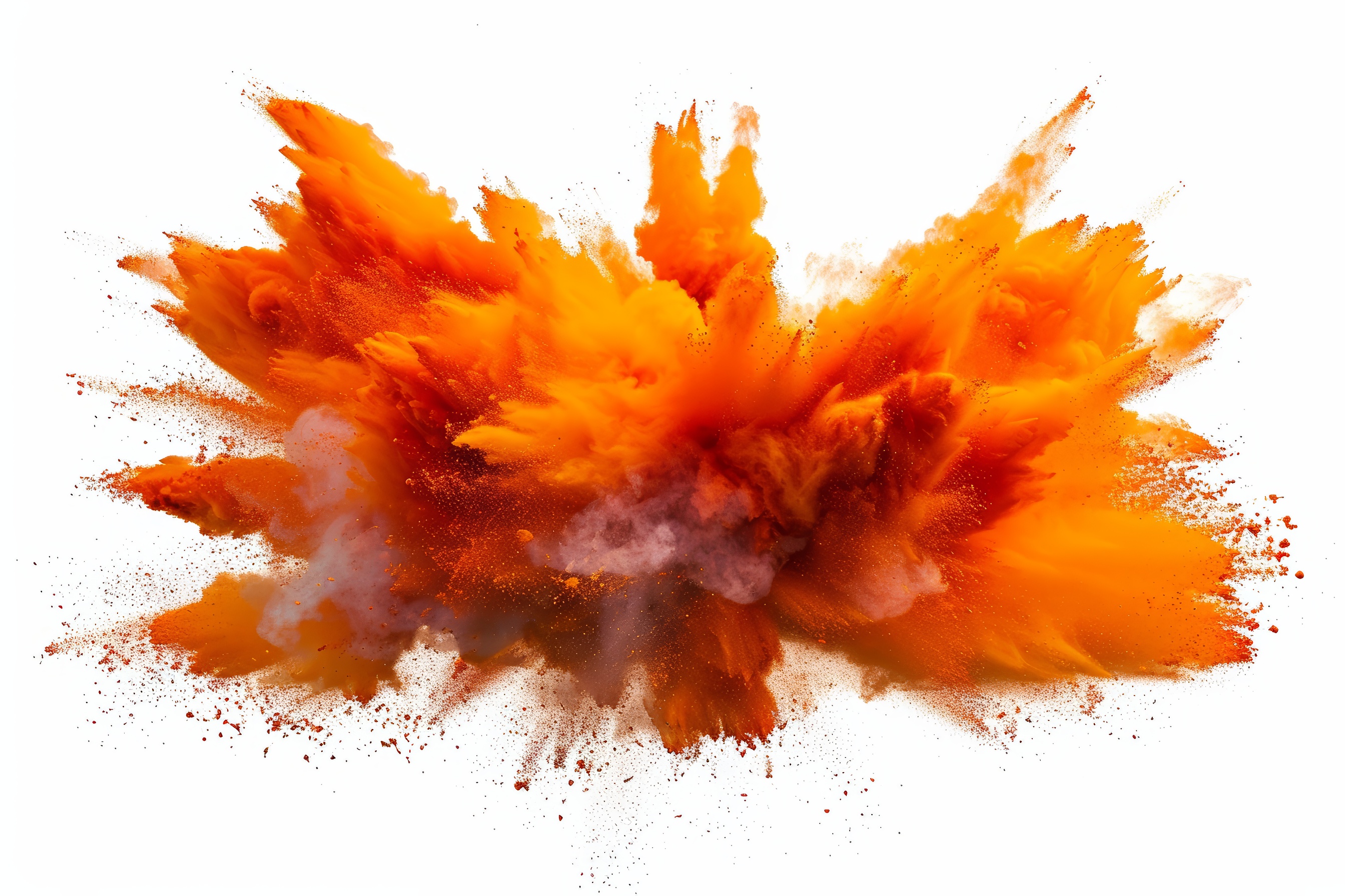 Orange powder explosion on white background