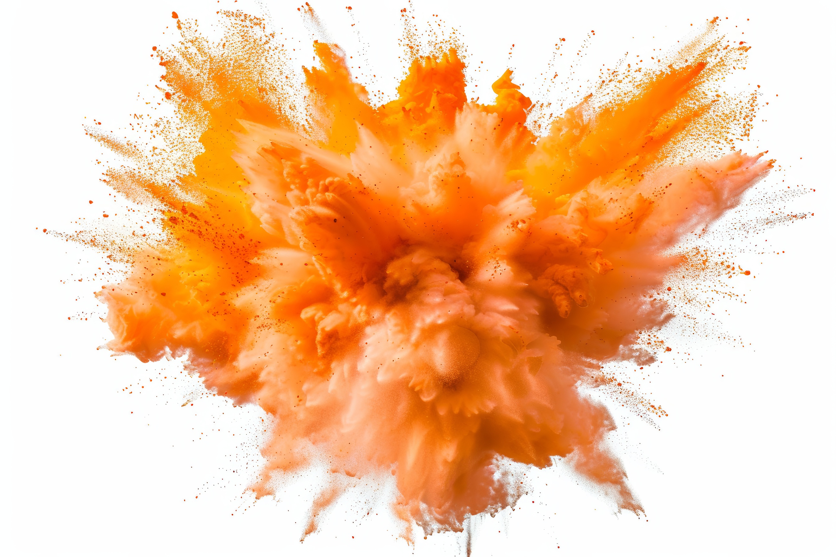 Orange powder explosion on white background