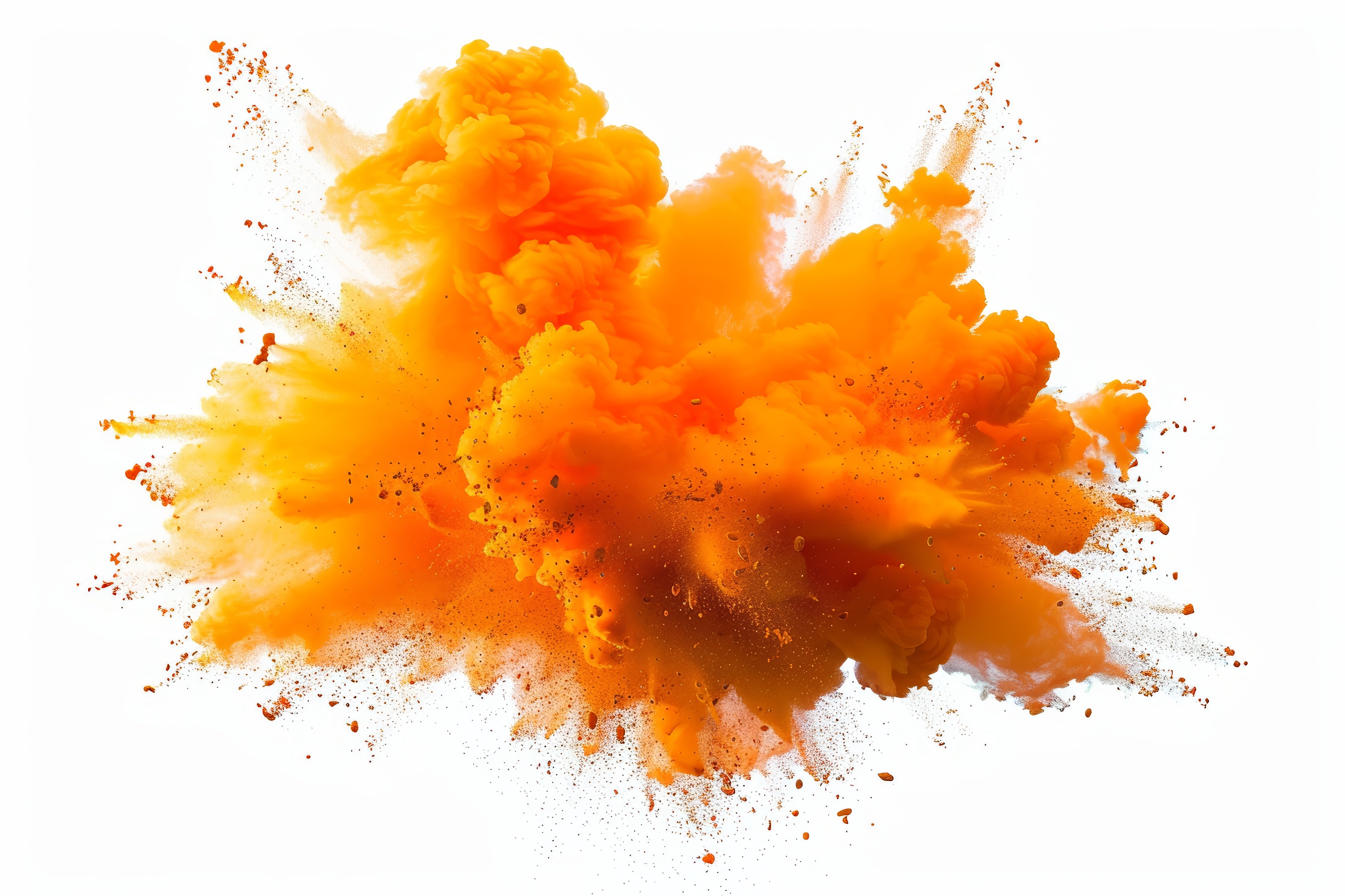 Orange powder explosion on white background