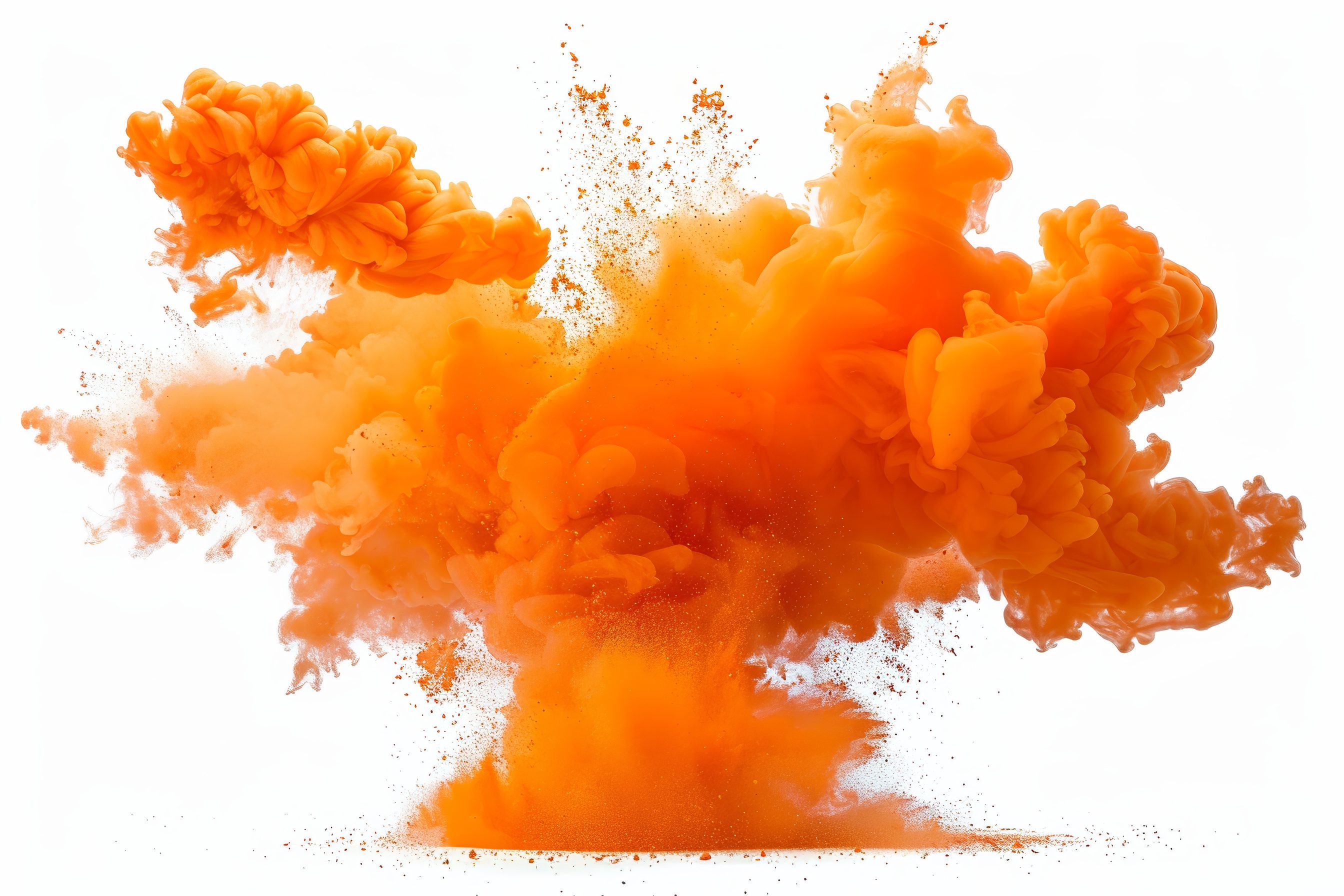 Orange powder explosion on white background