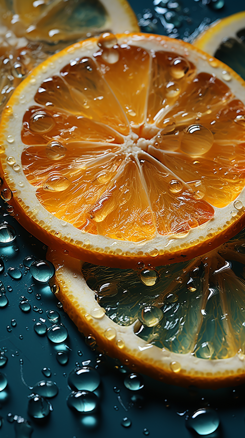 Orange slices with water droplets on dark blue surface