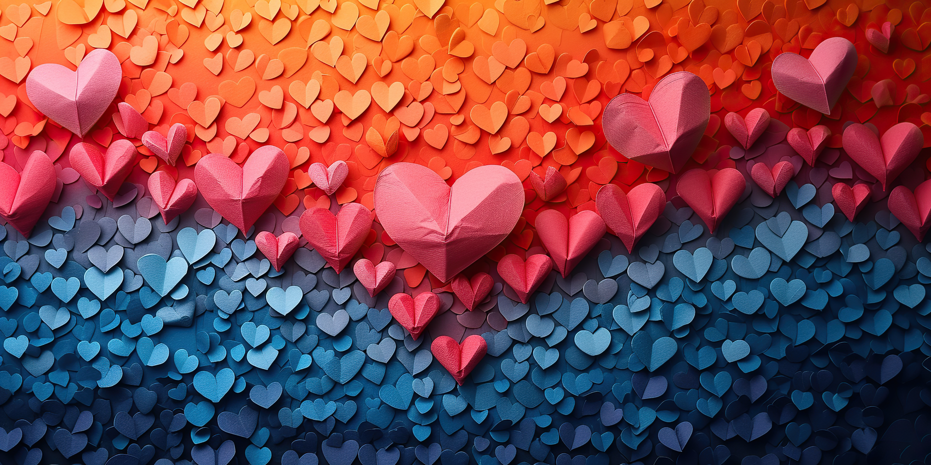 Orange and blue Paper hearts with blue background.Valantines day background