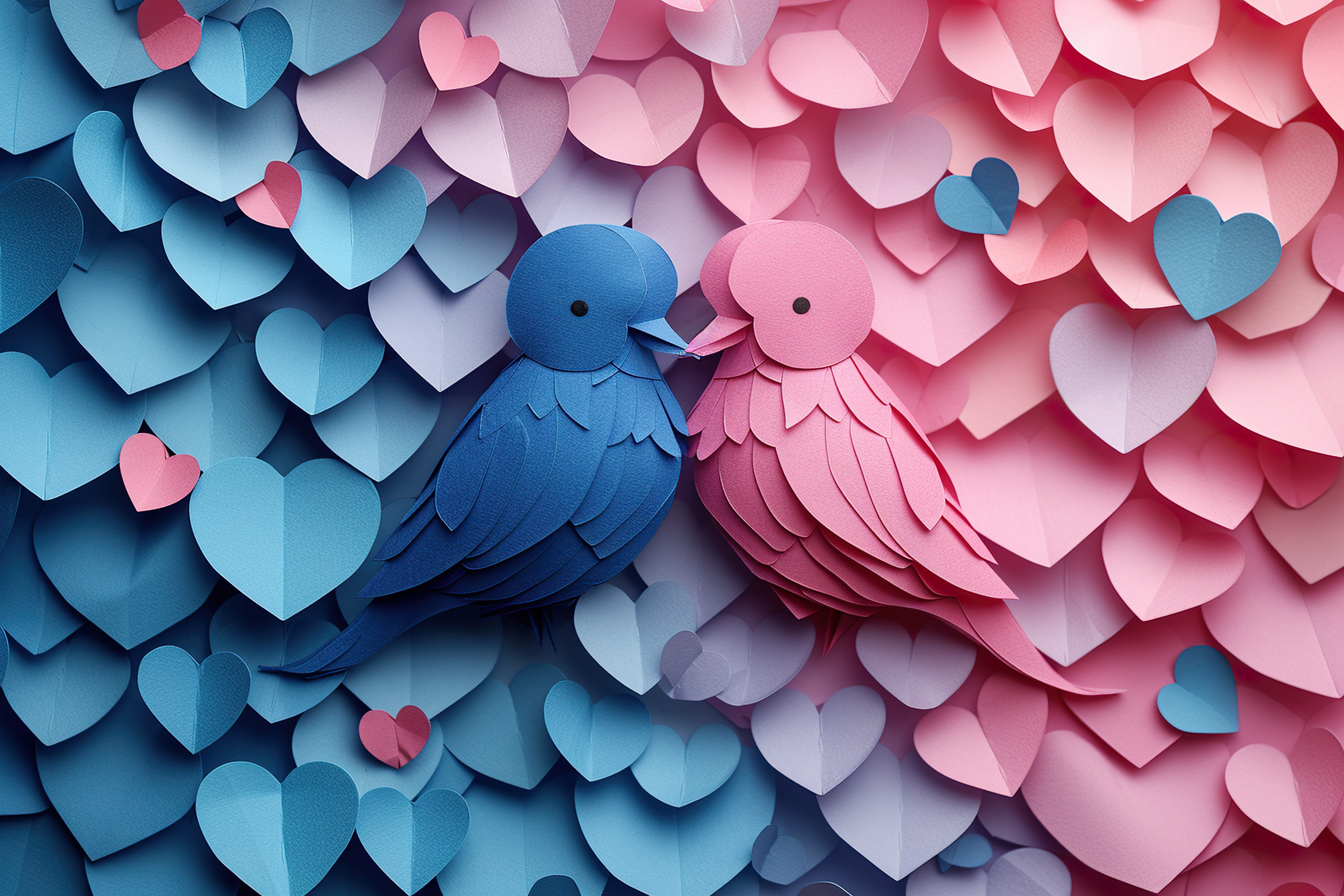 Pink and blue Paper love birds and hearts with blue background.Valantines day background