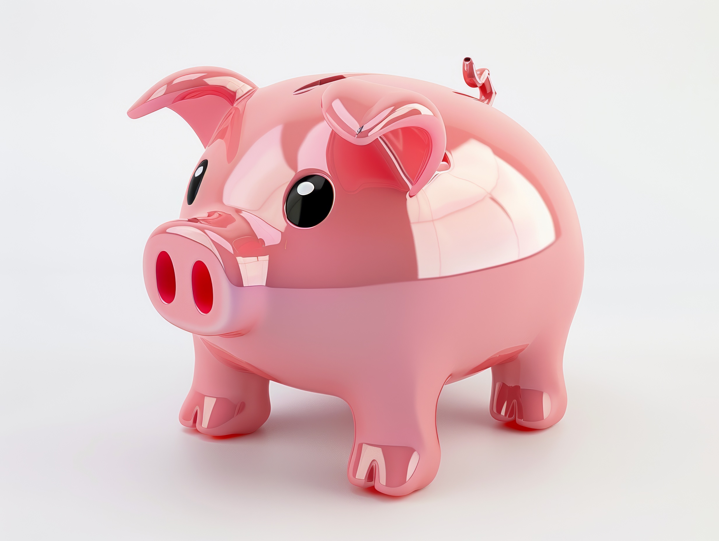 Pink ceramic piggy bank on a white background