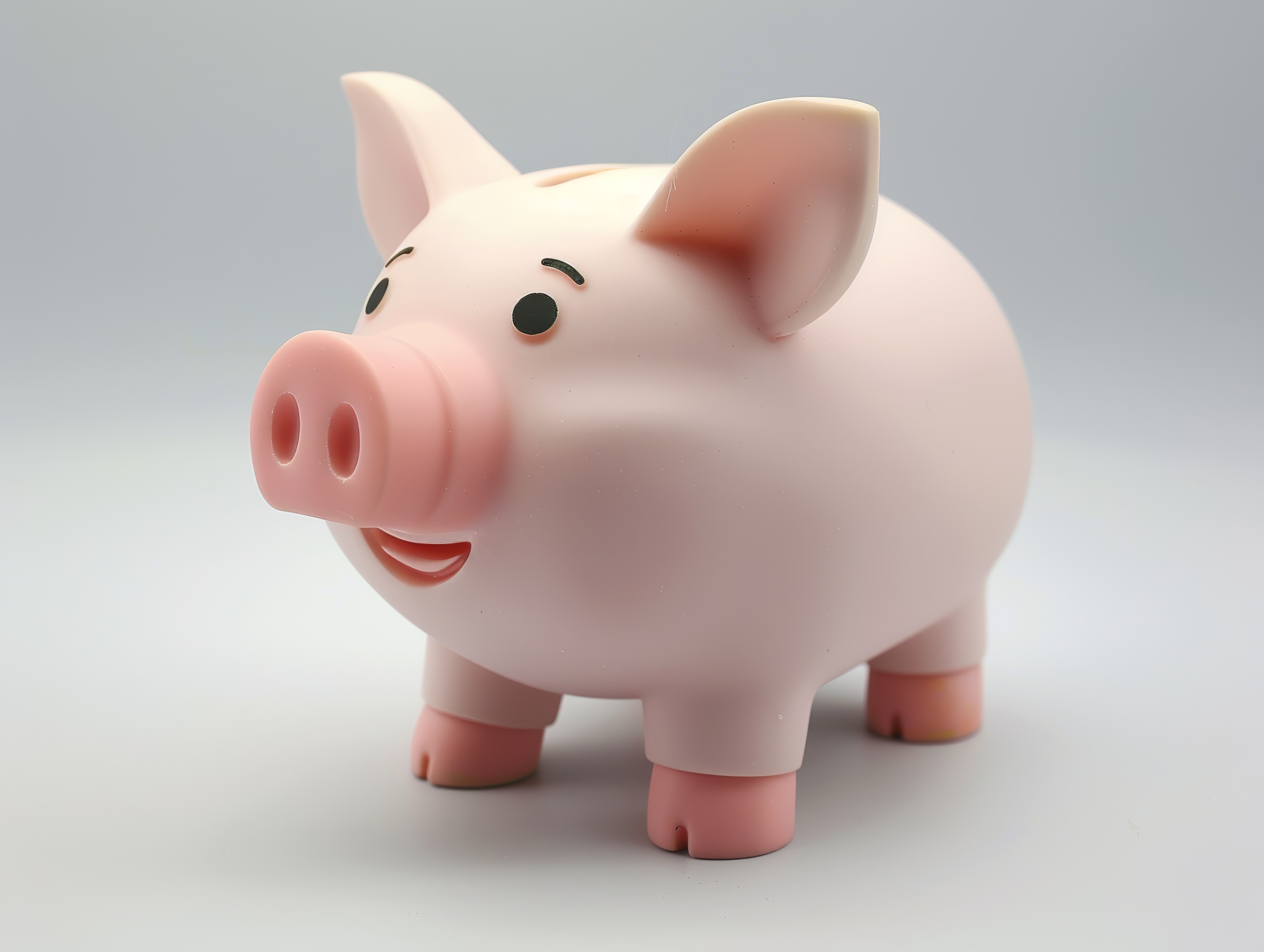 Pink plastic piggy bank on a white background