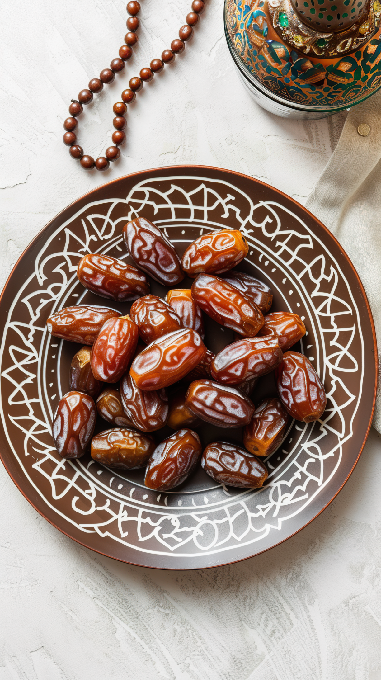 Plate with dates, decorative arabic lantern and rosary on a light background