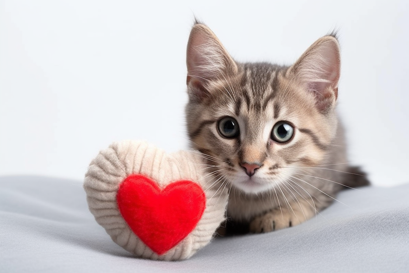 Portrait of a gorgeous gray cat with small fuzzy heart toy