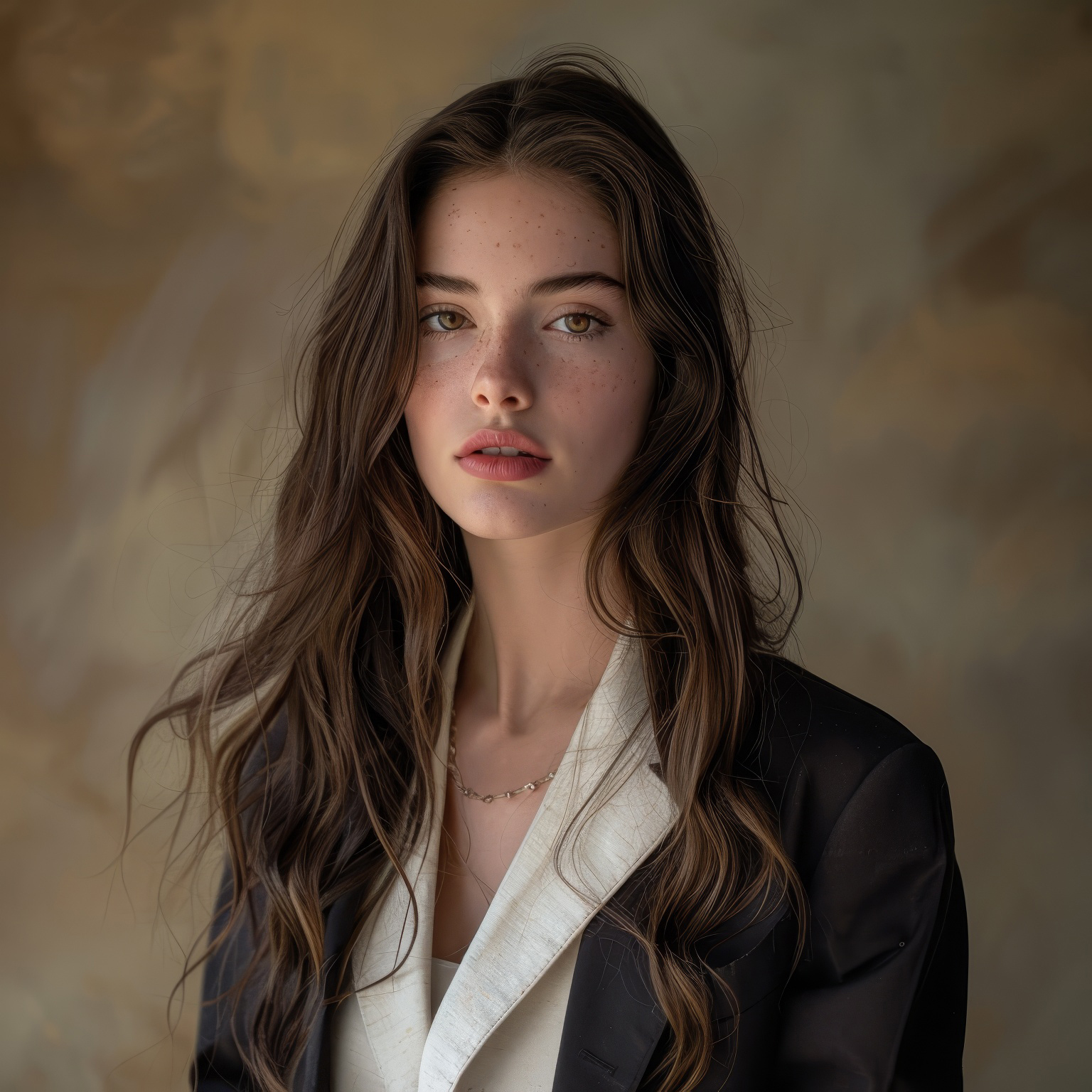 Portrait of beautiful young woman posing in studio, Generative AI