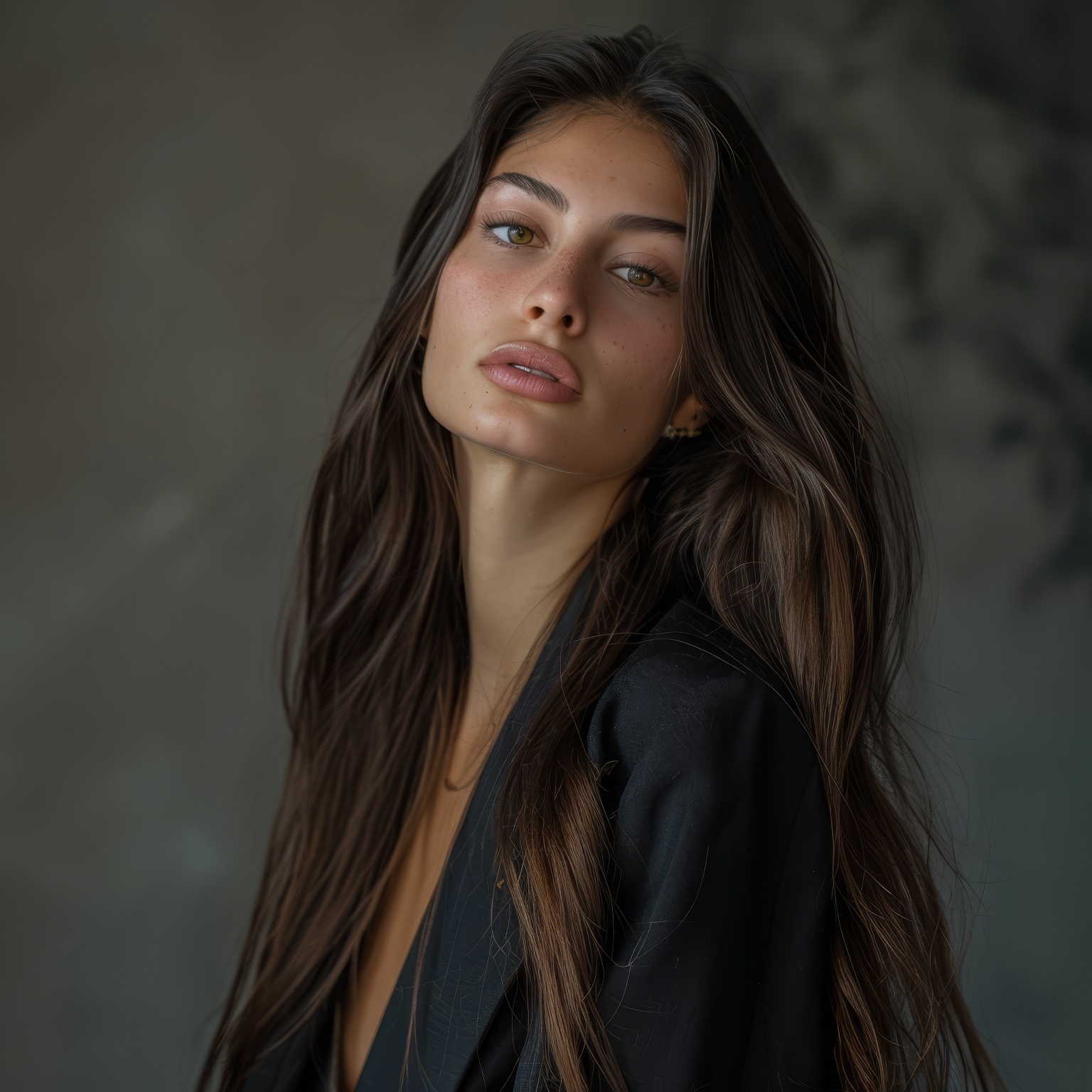 Portrait of beautiful young woman posing in studio, Generative AI