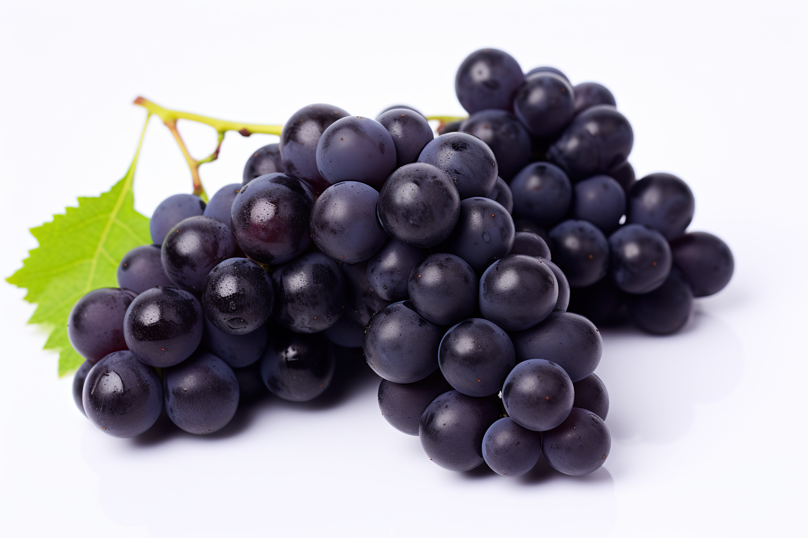 Purple grapes with green leaves, isolated on white background