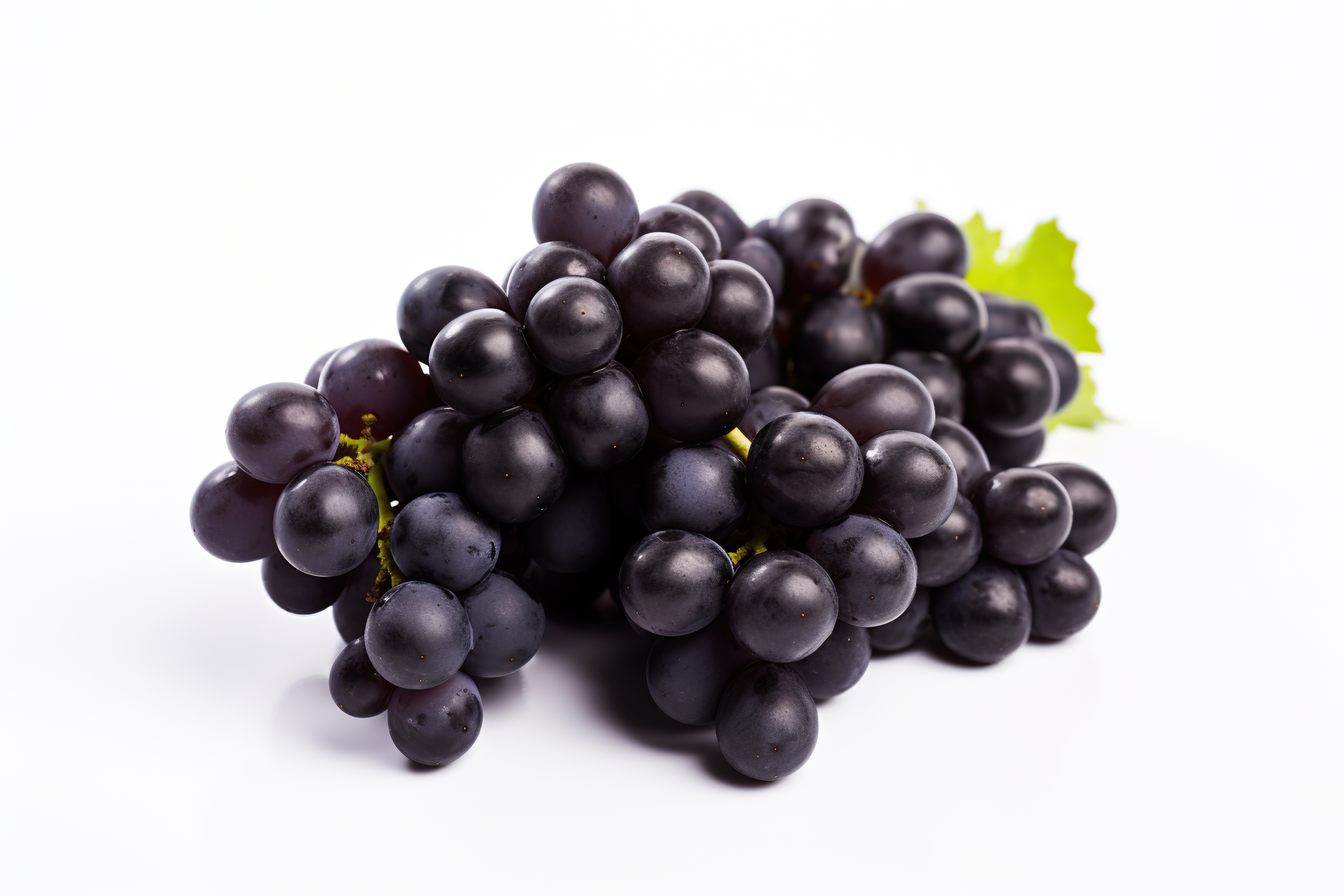 Purple grapes with green leaves, isolated on white background