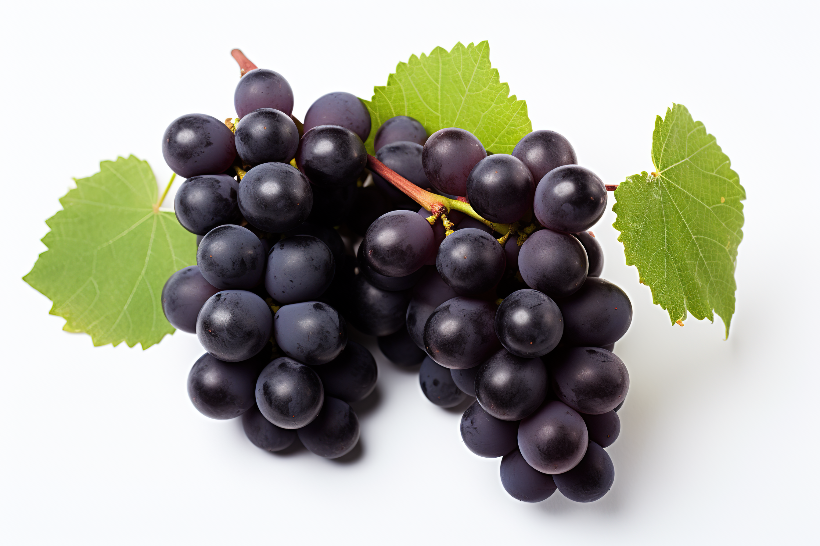 Purple grapes with green leaves, isolated on white background