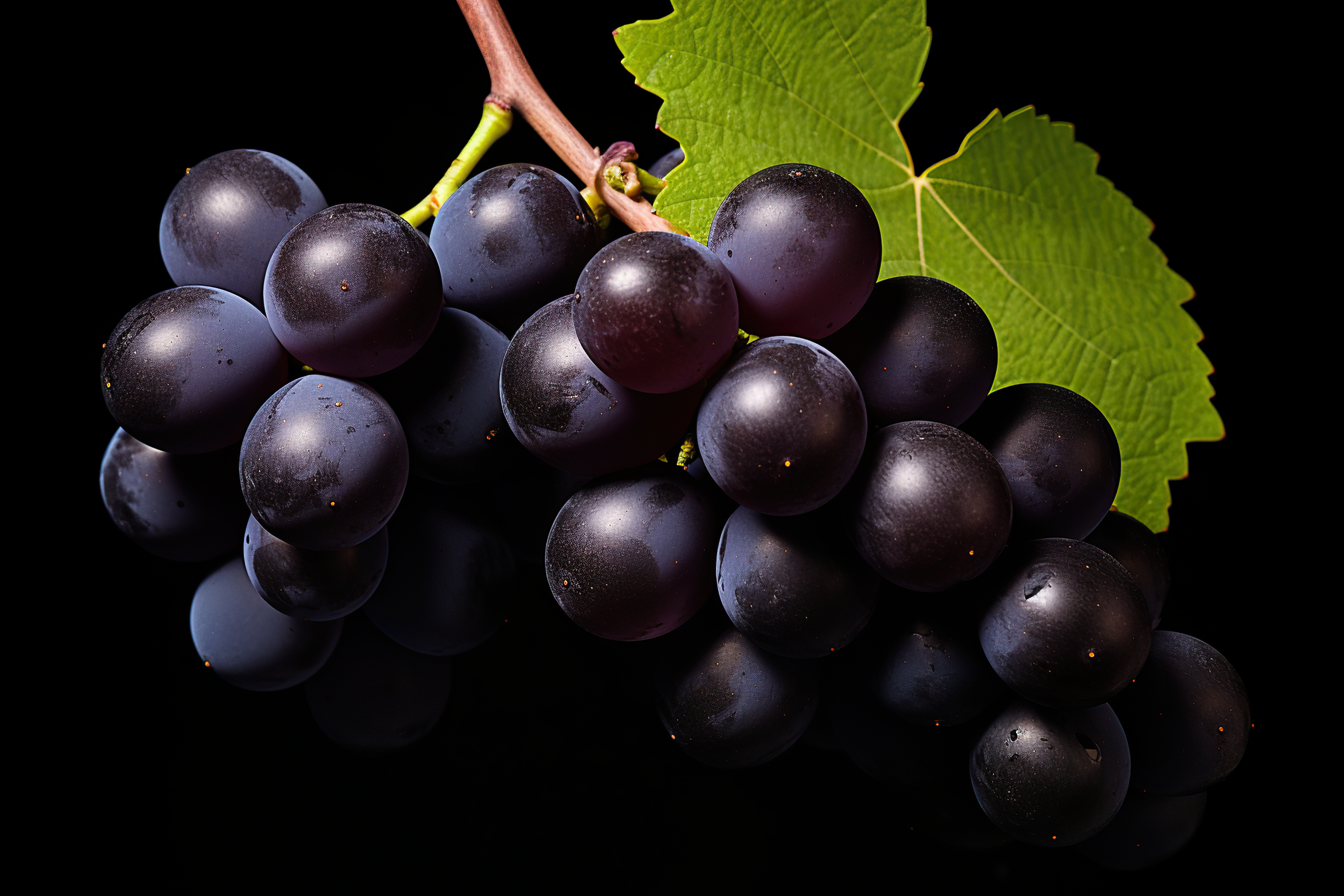 Purple grapes with green leaves, isolated on dark background