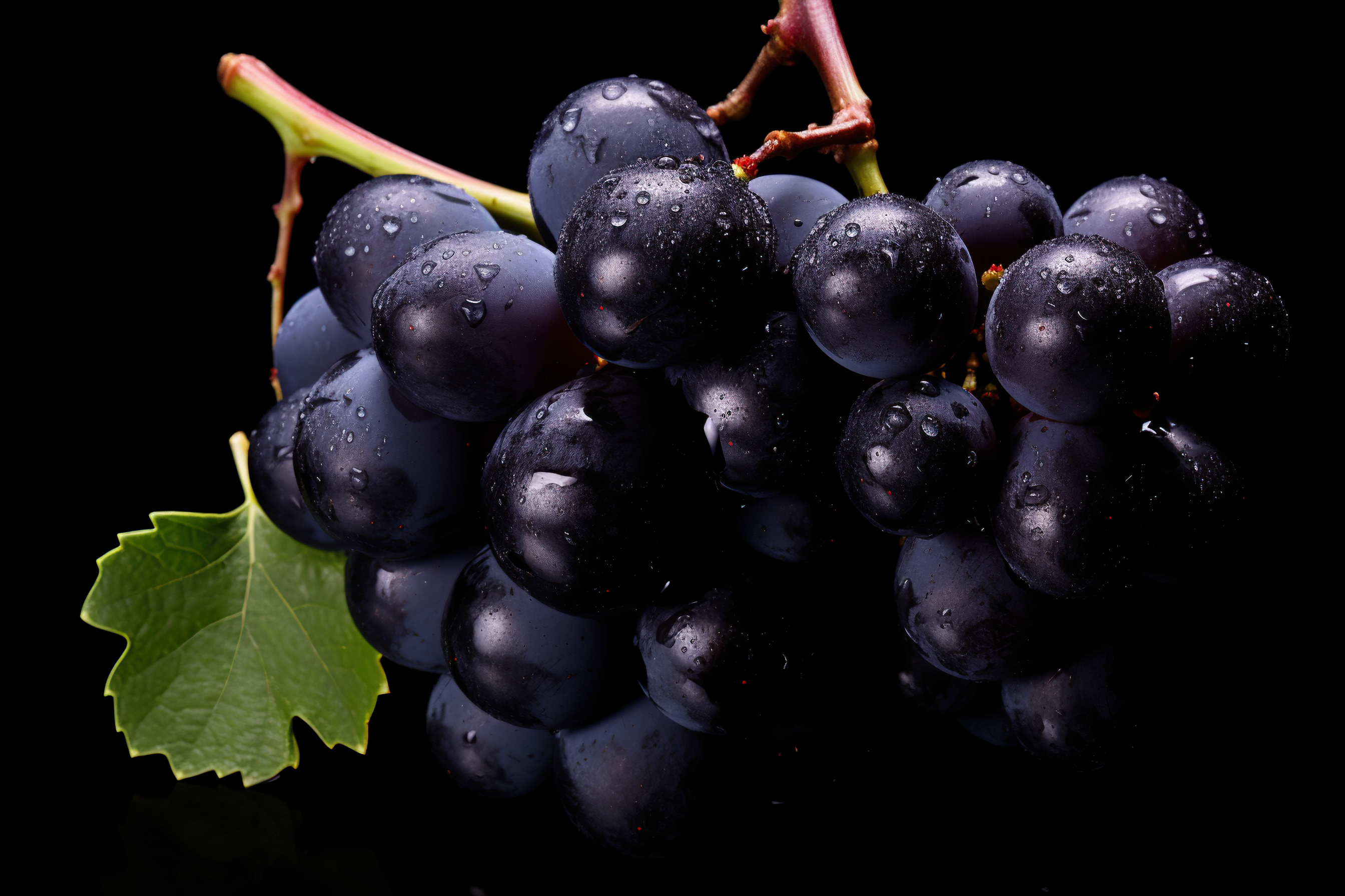 Purple grapes with green leaves, isolated on dark background