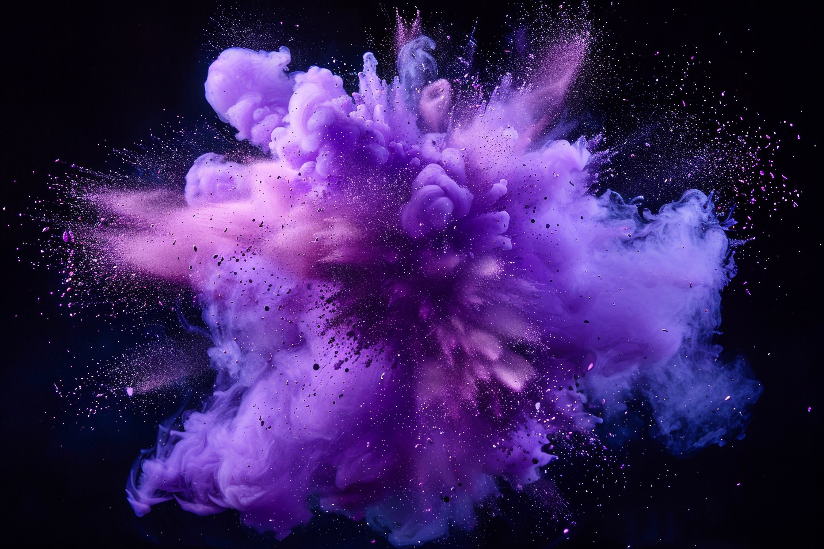 Purple powder explosion on black background