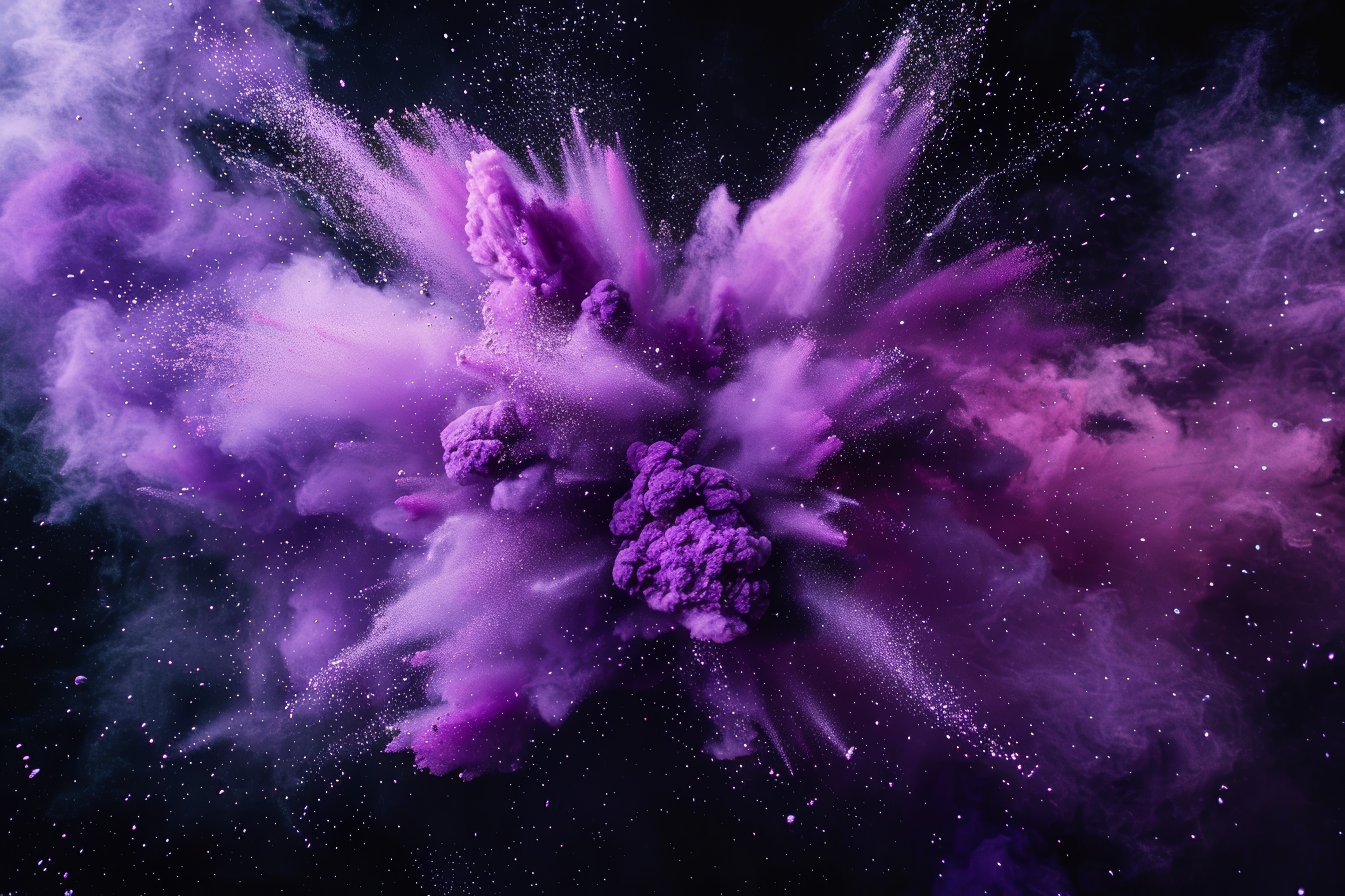 Purple powder explosion on black background