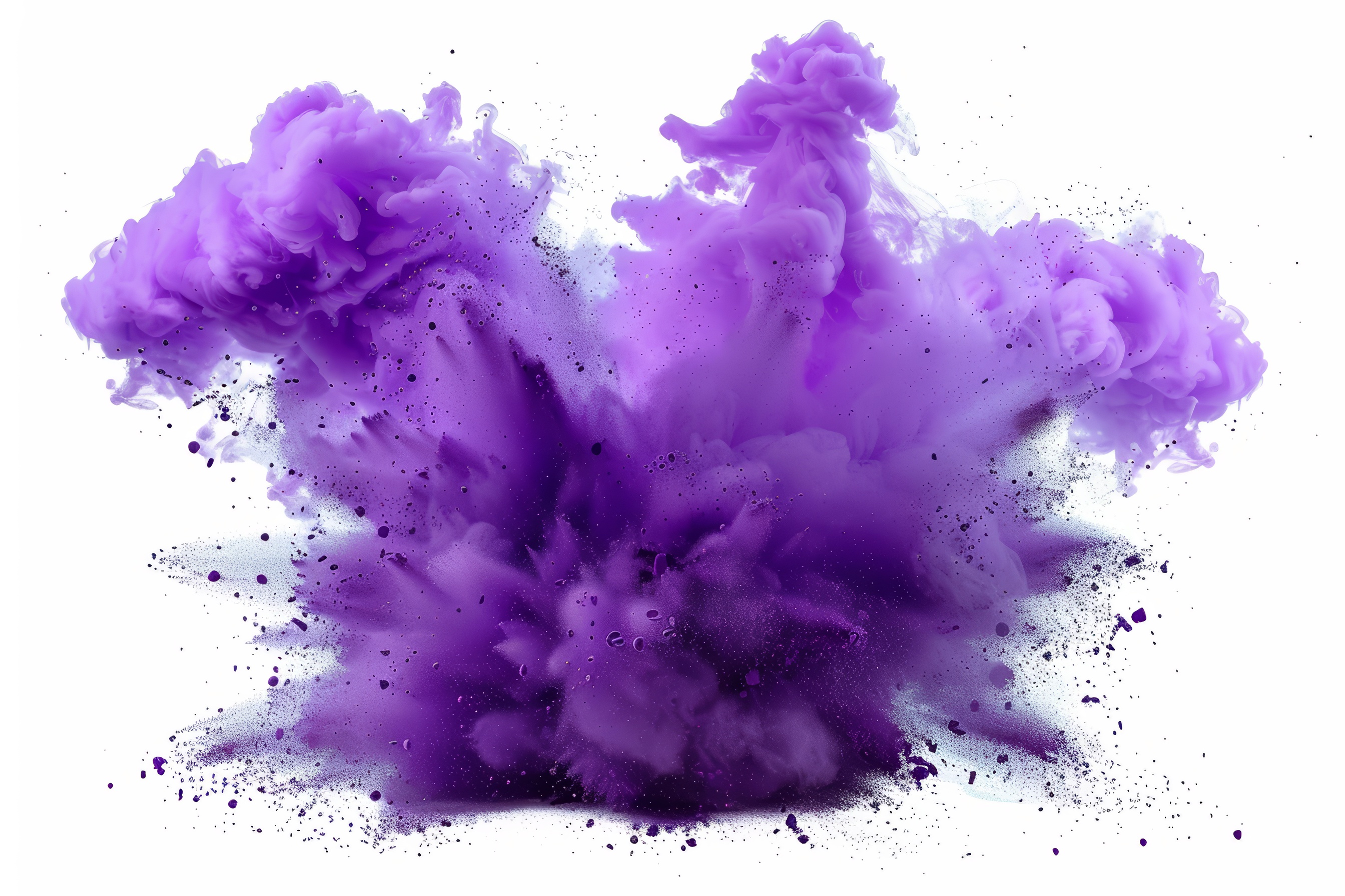 Purple powder explosion on white background