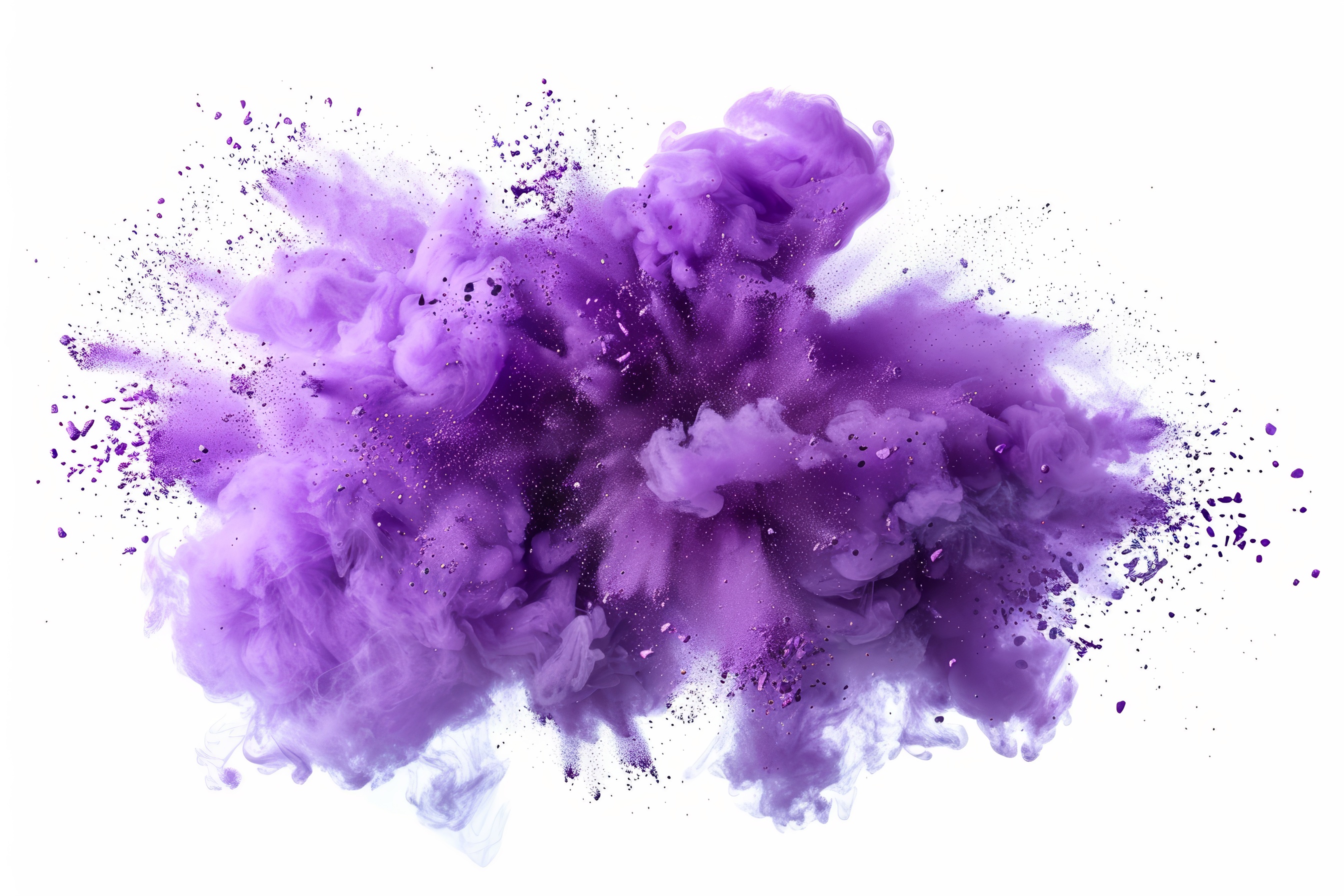 Purple powder explosion on white background