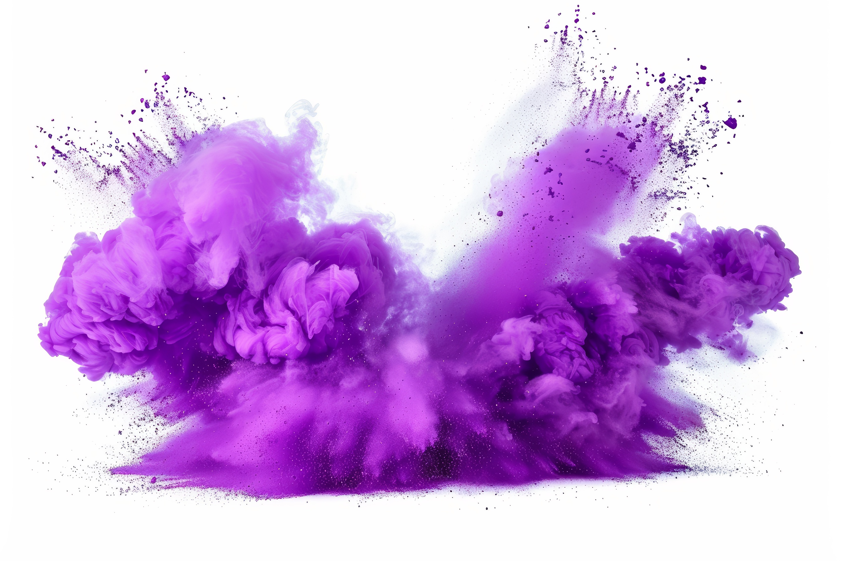 Purple powder explosion on white background