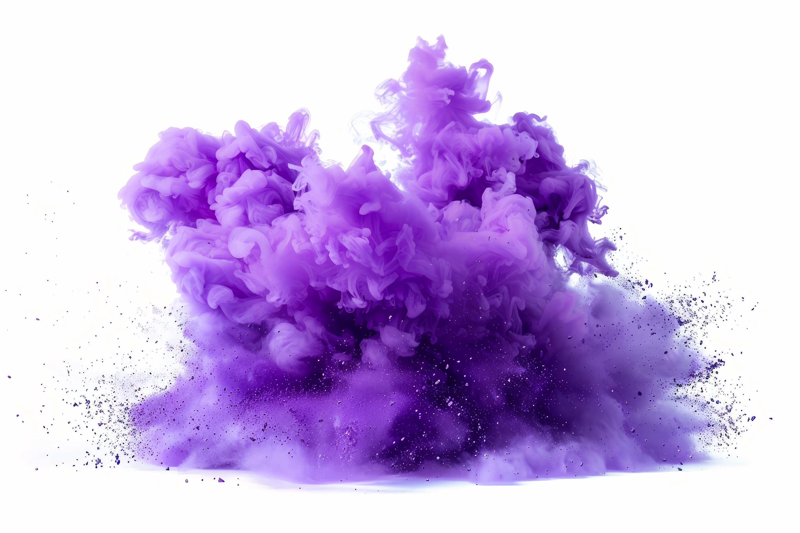 Purple powder explosion on white background