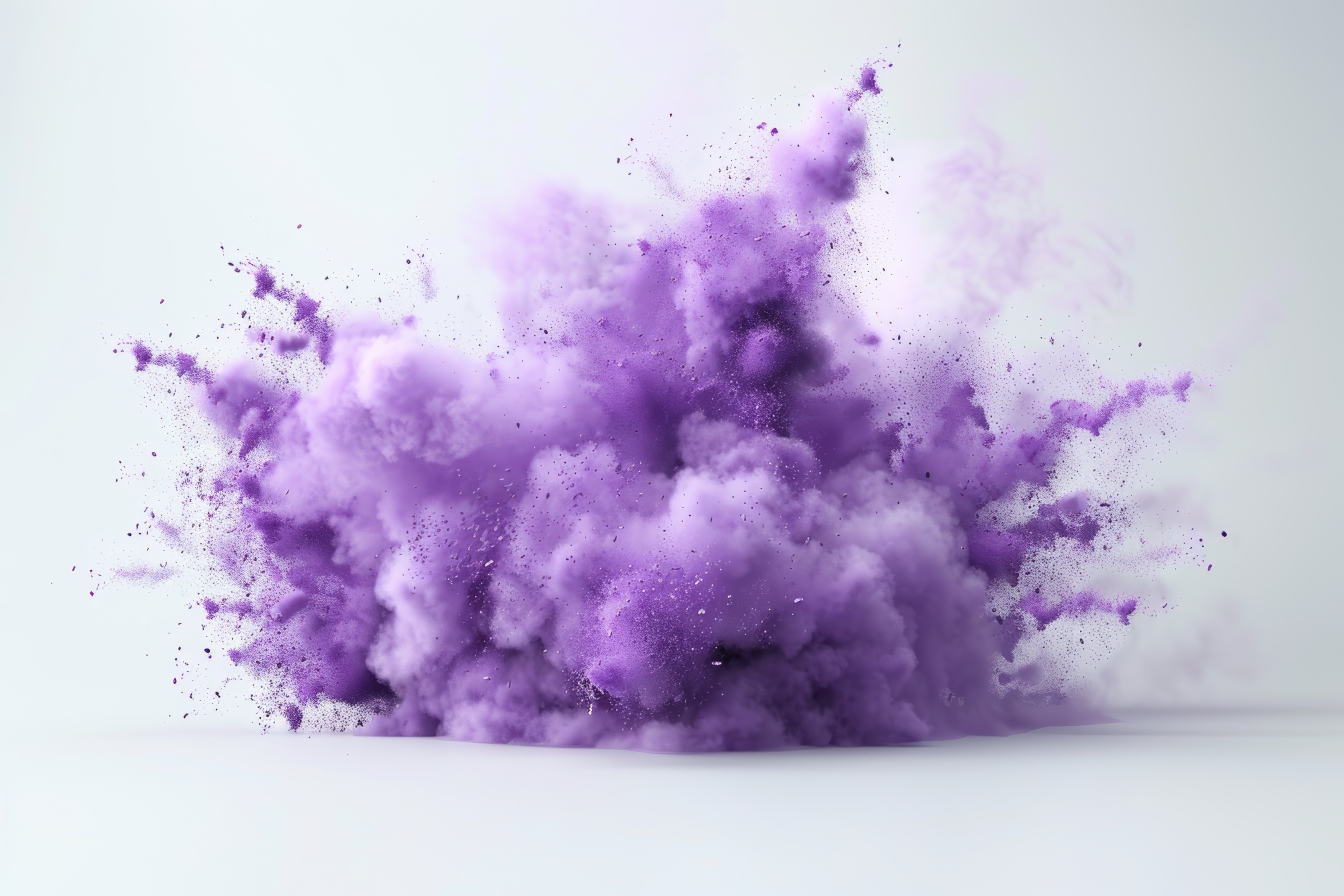 Purple powder explosion on white background