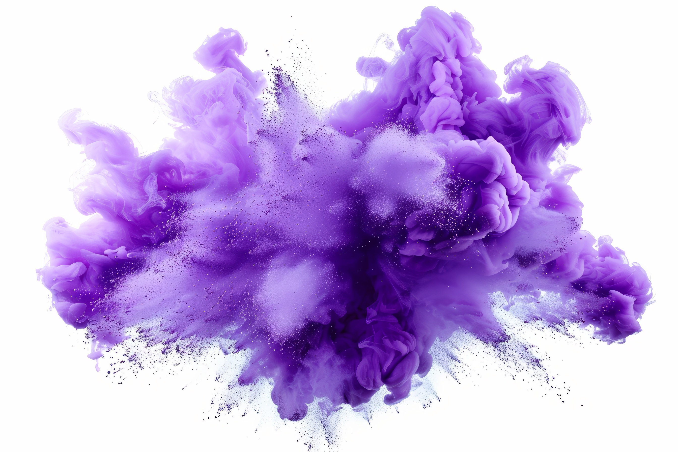 Purple powder explosion on white background