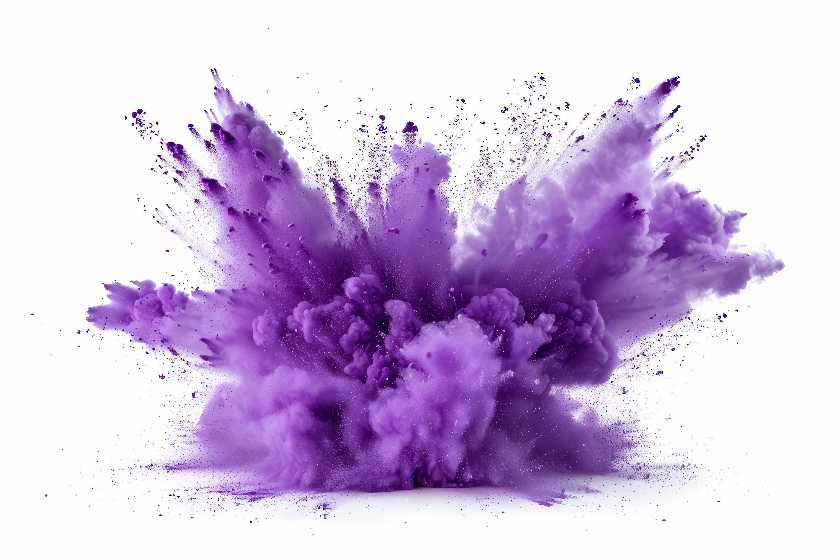 Purple powder explosion on white background