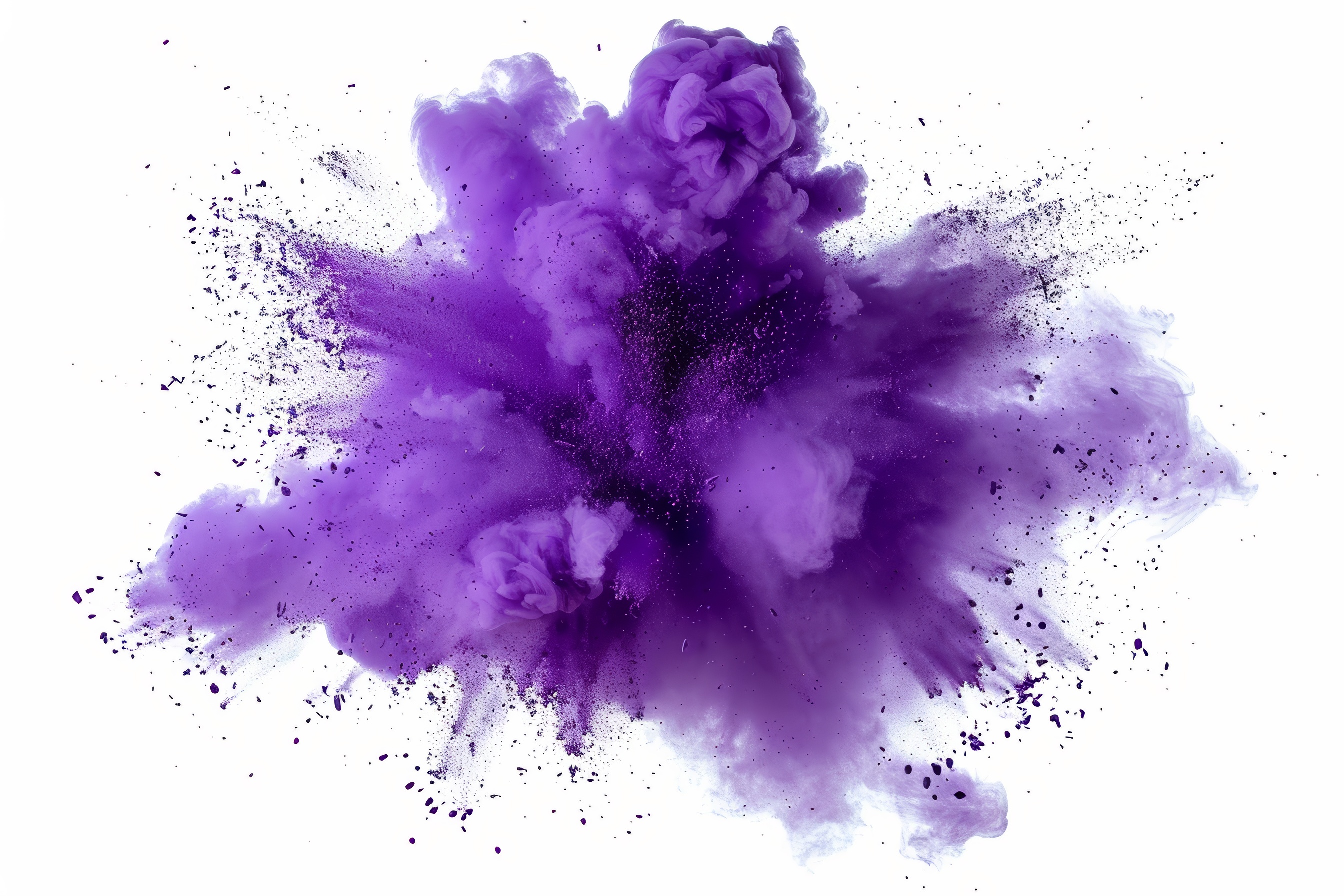 Purple powder explosion on white background